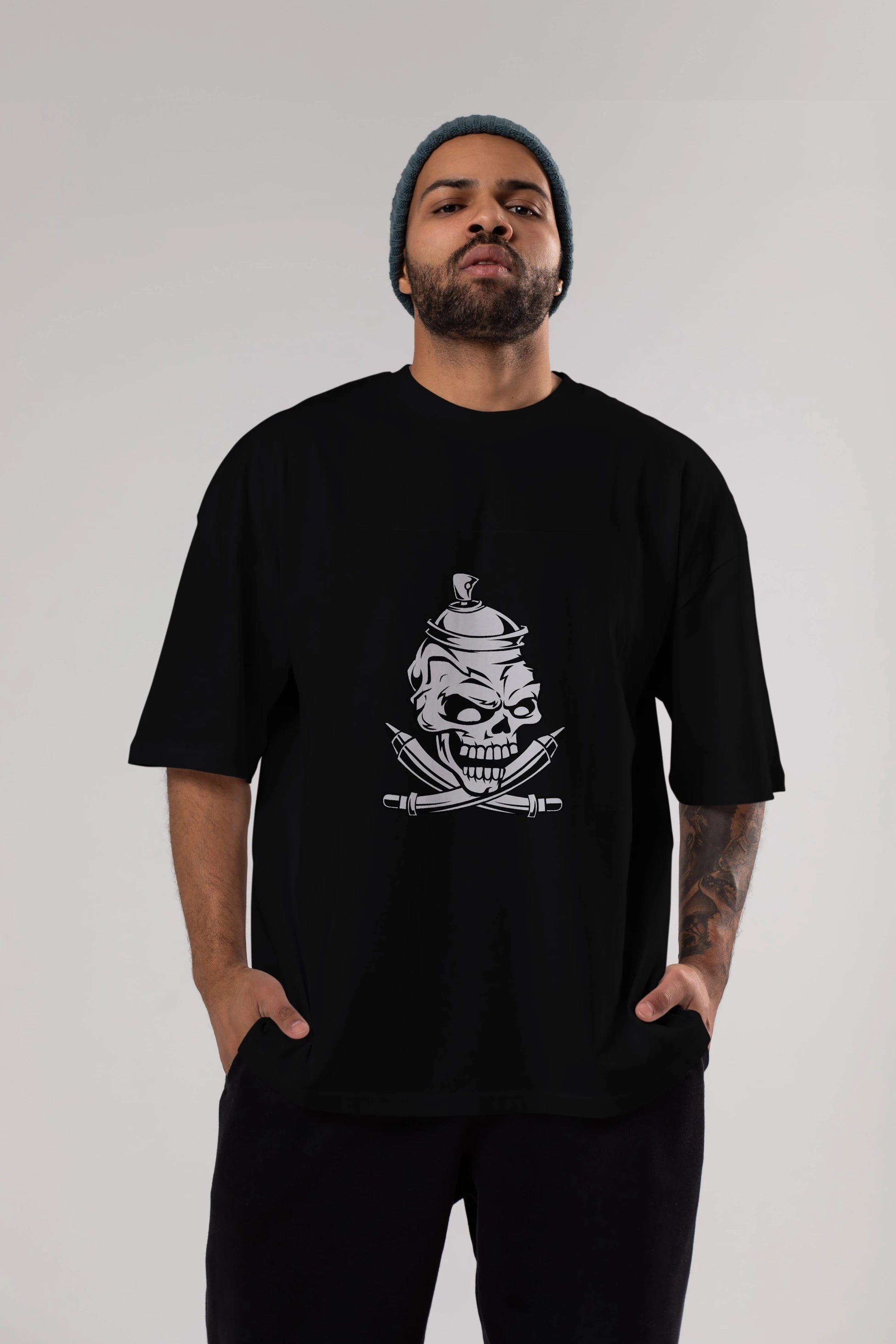 Skull Grafity Ön Baskılı Oversize t-shirt Erkek Kadın Unisex %100 Pamuk tişort