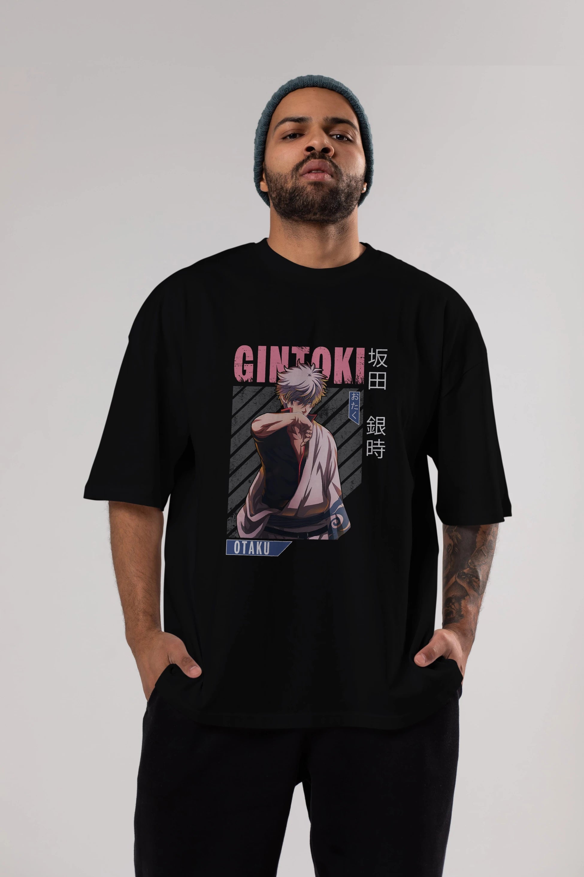 Gintoki Sakata Anime Ön Baskılı Oversize t-shirt %100 pamuk Erkek Kadın Unisex