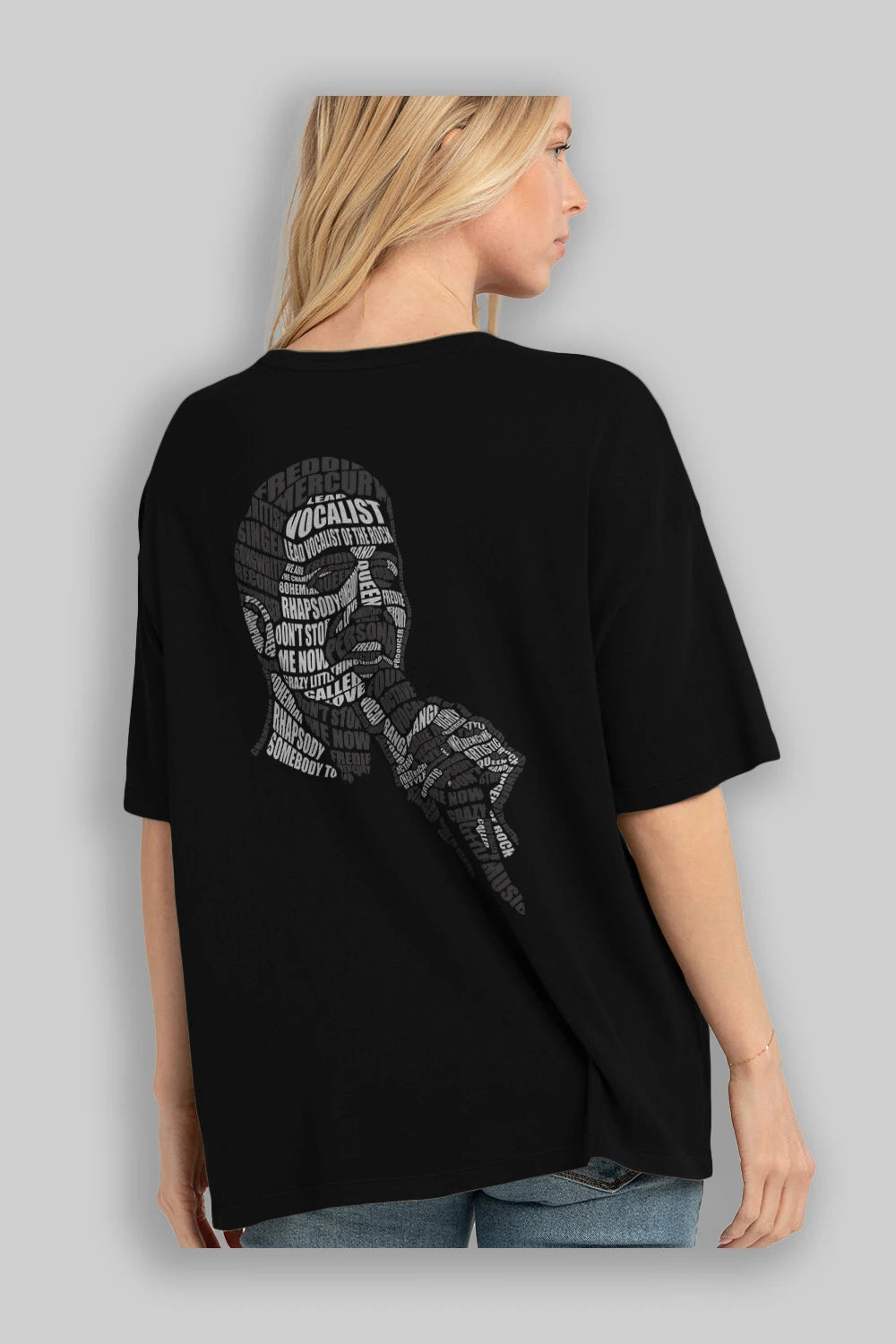 Freddy Mercuri Calligram Arka Baskılı Oversize t-shirt %100 pamuk Erkek Kadın Unisex