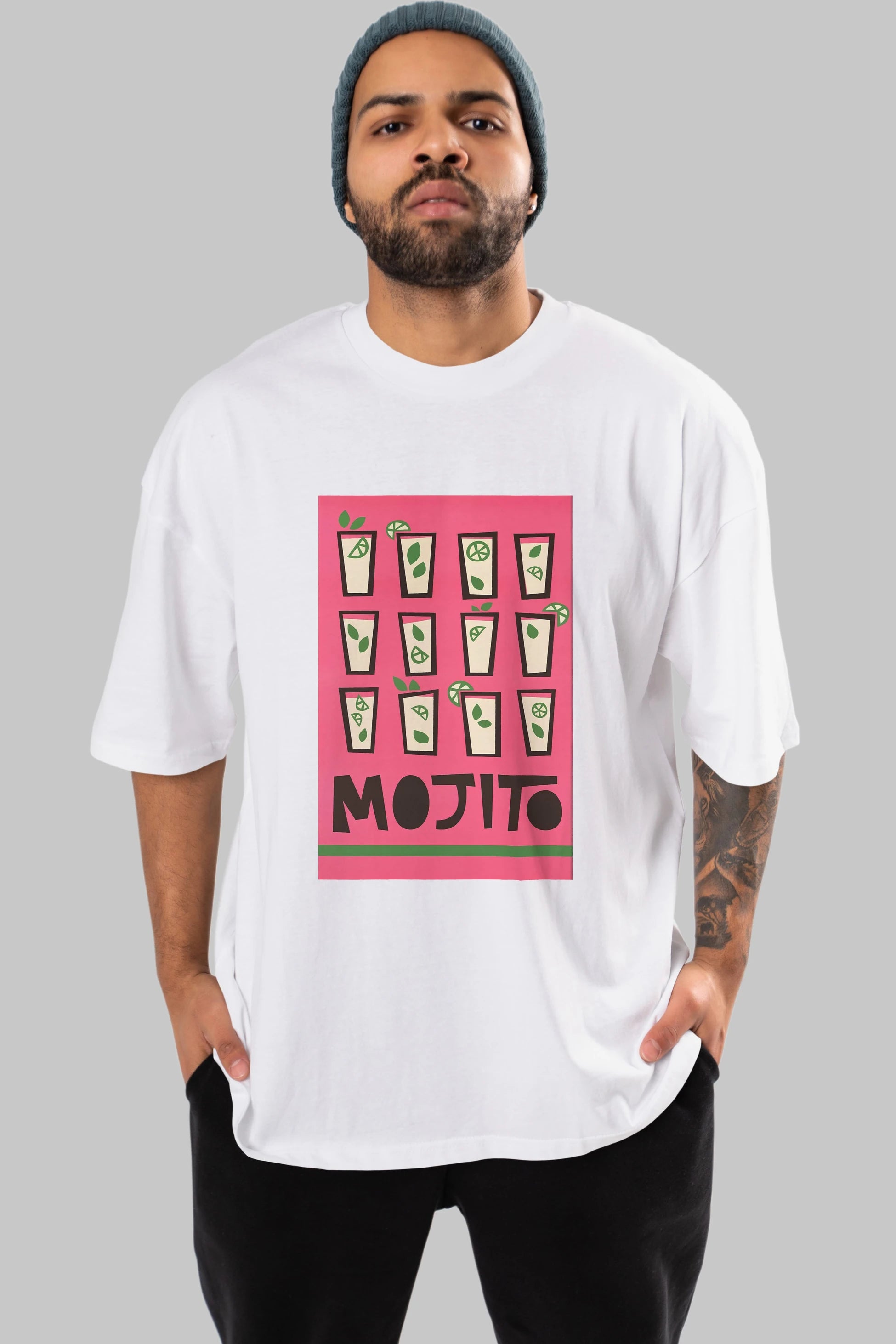 Mojito Ön Baskılı Oversize t-shirt Erkek Kadın Unisex %100 Pamuk Bisiklet Yaka tişort