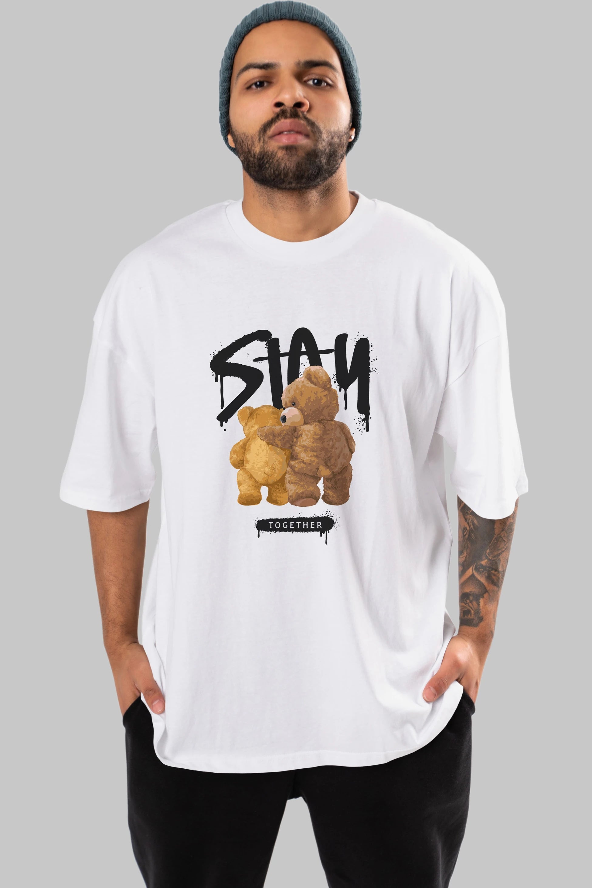 Stay Together Bear Ön Baskılı Oversize t-shirt Erkek Kadın Unisex