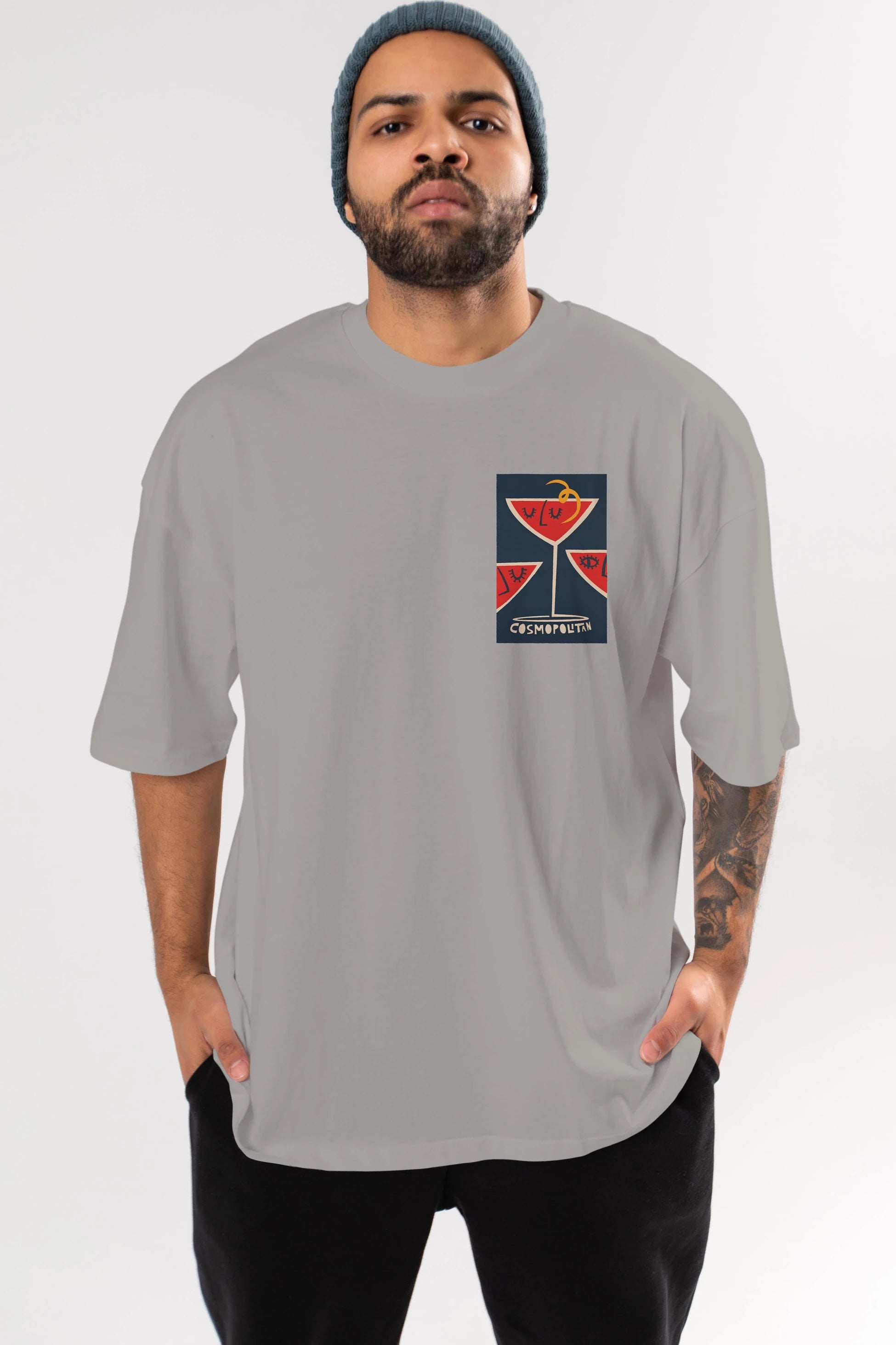 Cosmopolitan 4 Ön Sol Baskılı Oversize t-shirt Erkek Kadın Unisex %100 Pamuk Bisiklet Yaka tişort