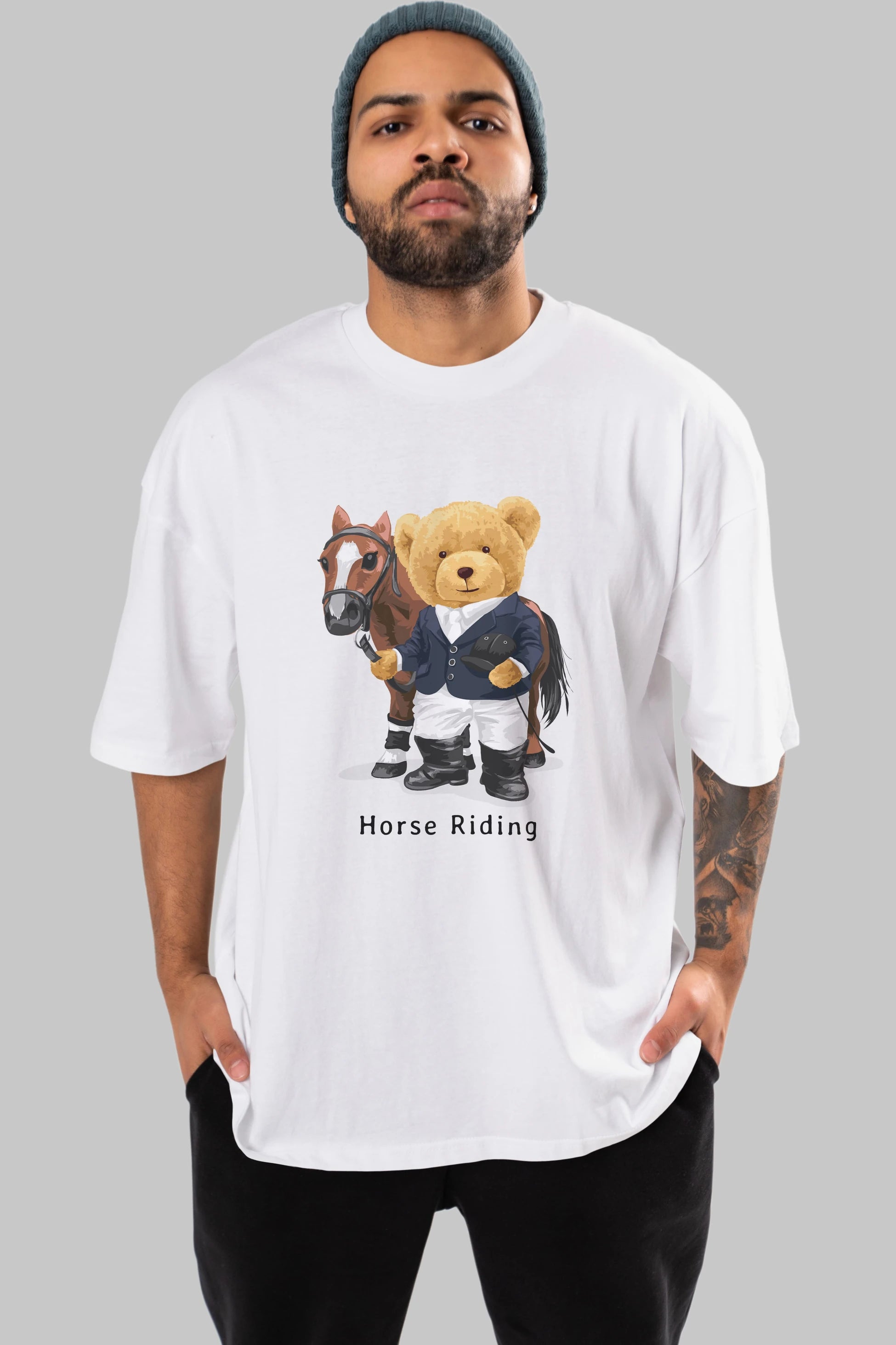 Teddy Bear Horse Riding Ön Baskılı Oversize t-shirt Erkek Kadın Unisex %100 Pamuk