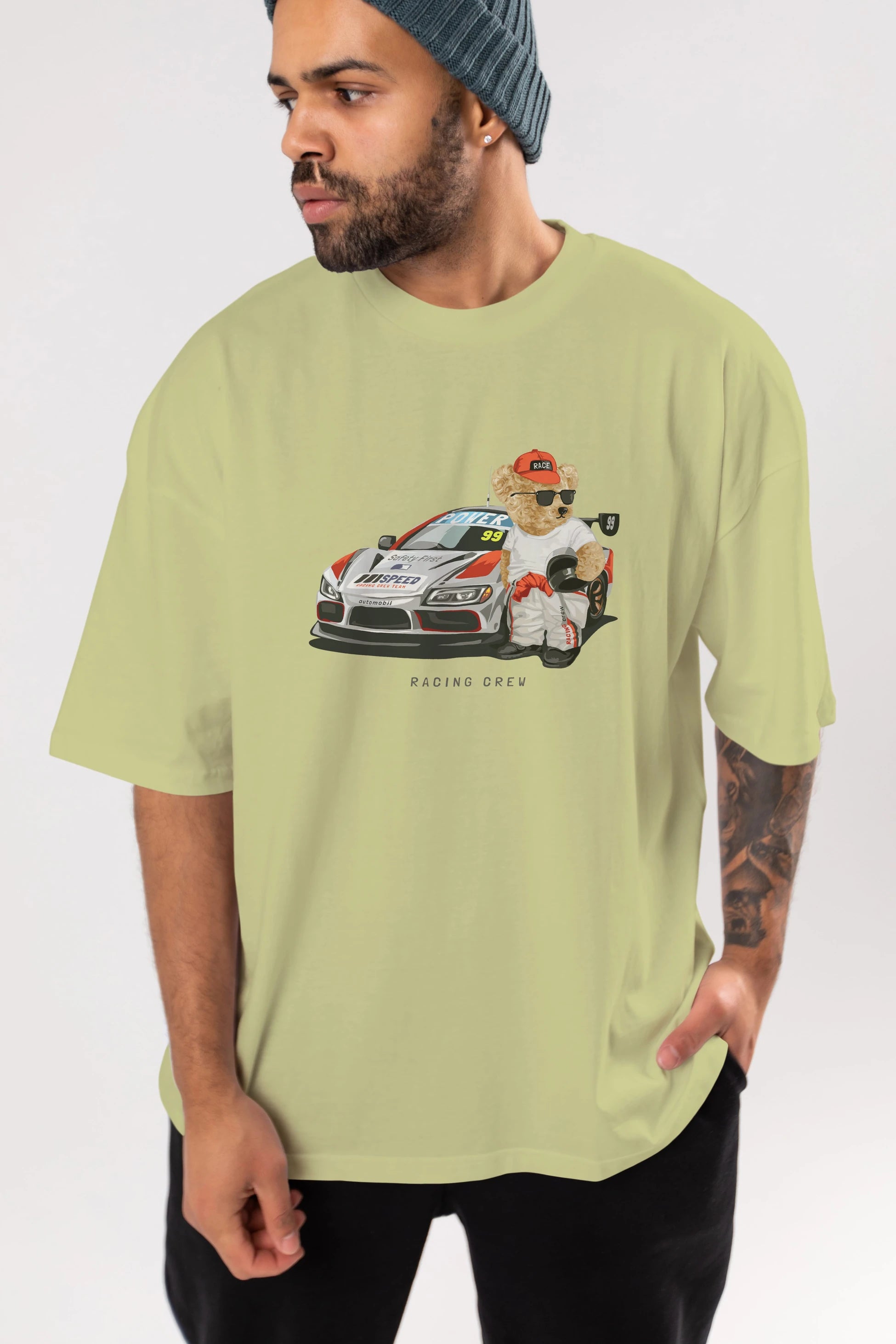 Teddy Bear Racing Crew Ön Baskılı Oversize t-shirt Erkek Kadın Unisex %100 Pamuk