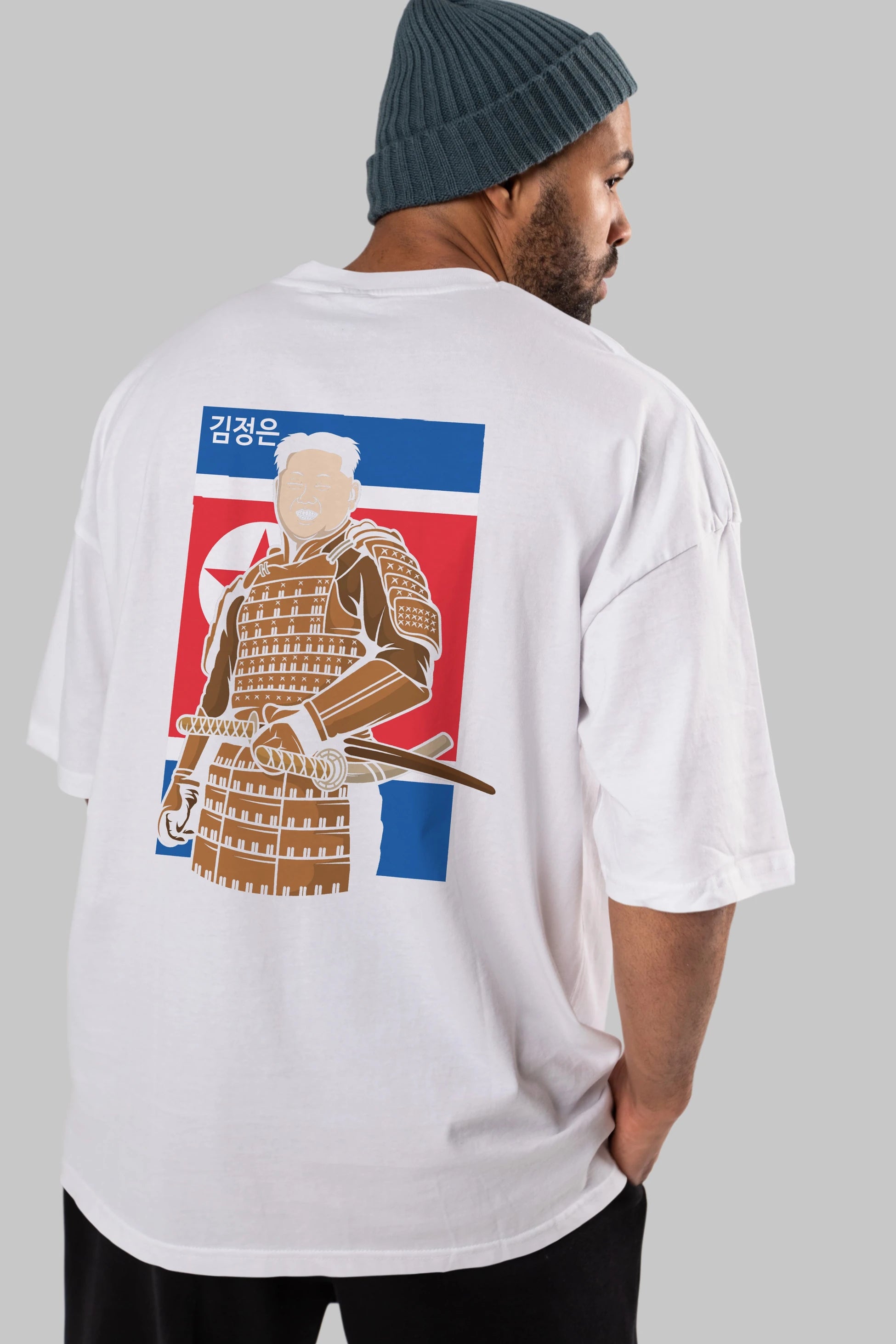 Samurai Jong Un Arka Baskılı Oversize t-shirt Erkek Kadın Unisex %100 Pamuk tişort