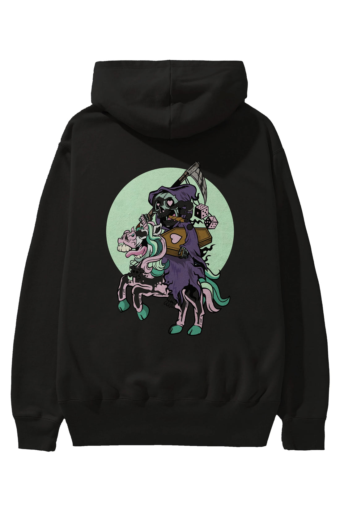 Grim Reaper Riding Unicorn Arka Baskılı Hoodie Oversize Kapüşonlu Sweatshirt Erkek Kadın Unisex