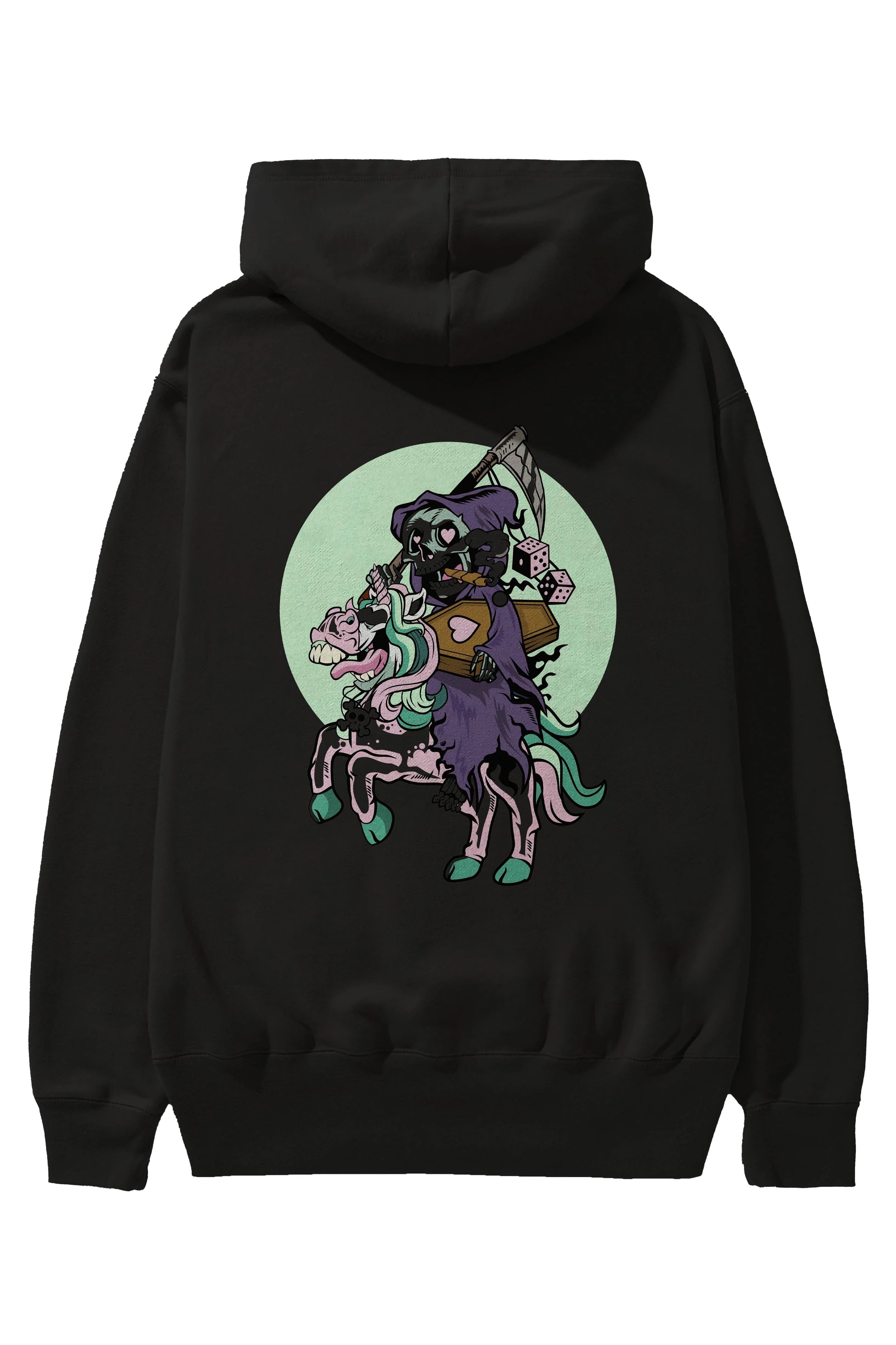 Grim Reaper Riding Unicorn Arka Baskılı Hoodie Oversize Kapüşonlu Sweatshirt Erkek Kadın Unisex