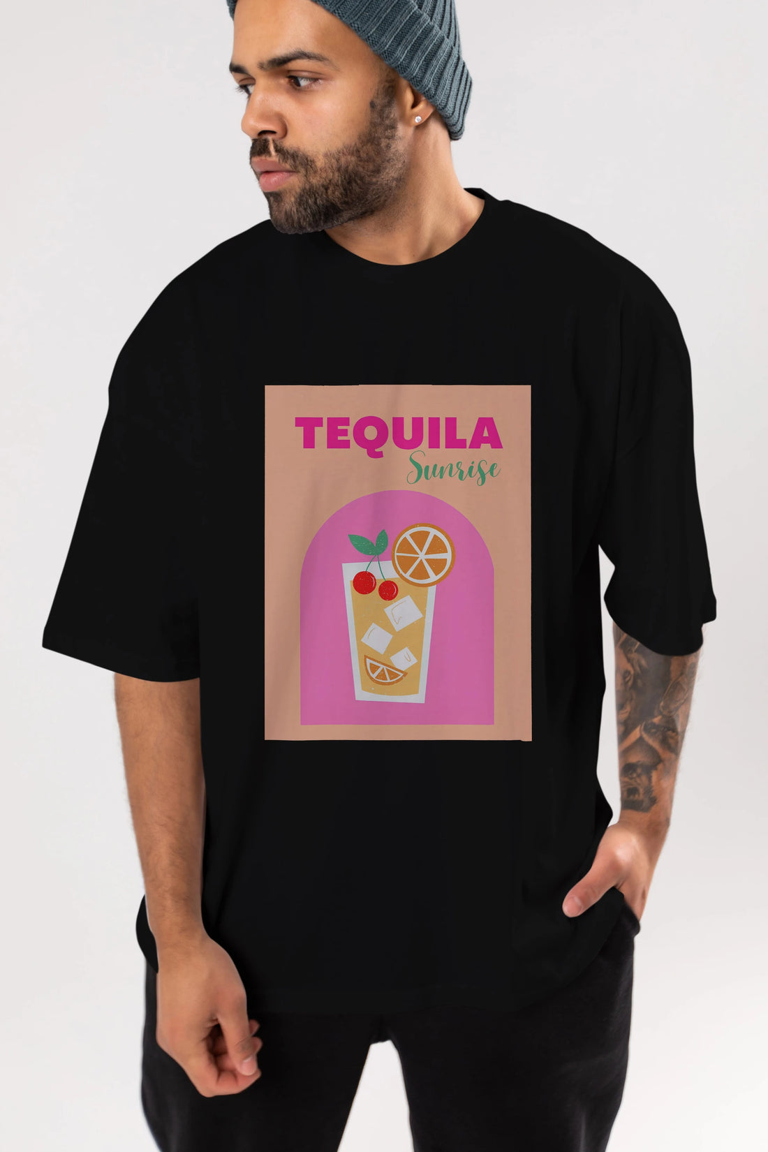 Tequila Sunrise 2 Ön Baskılı Oversize t-shirt Erkek Kadın Unisex %100 Pamuk Bisiklet Yaka tişort