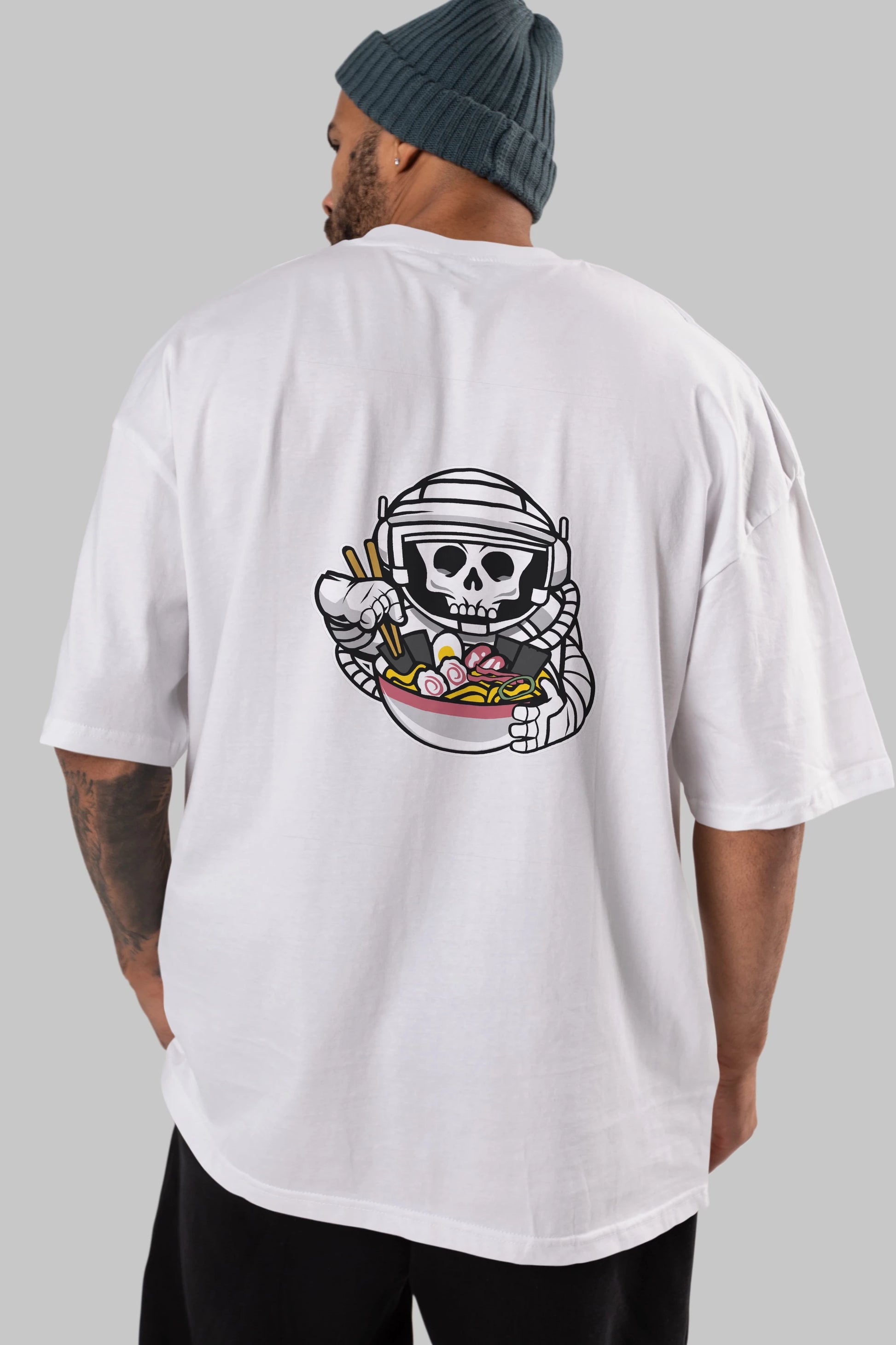 Astronaut Ramen Arka Baskılı Oversize t-shirt Erkek Kadın Unisex %100 Pamuk tişort