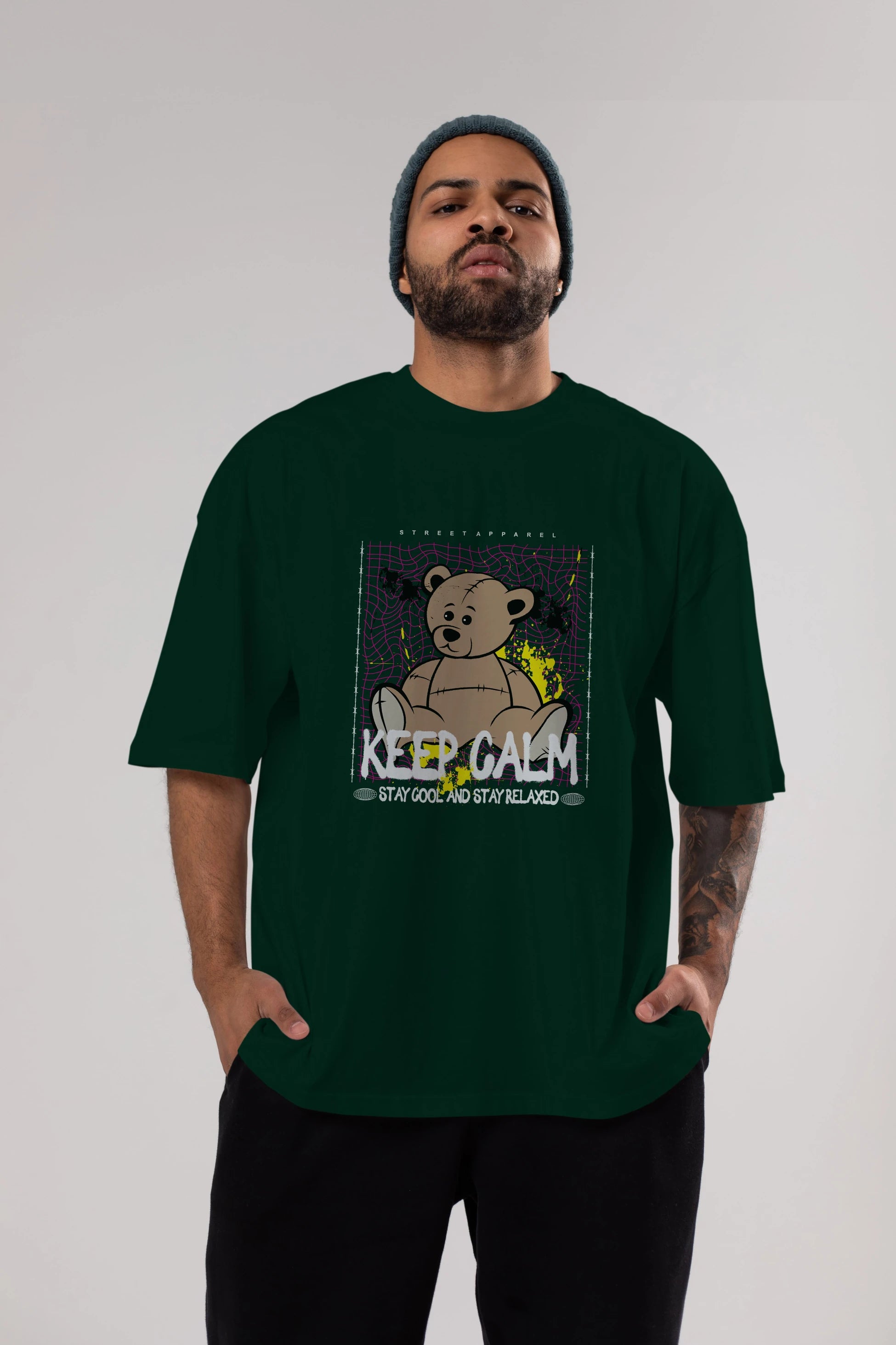 Keep Calm Bear Ön Baskılı Oversize t-shirt Erkek Kadın Unisex