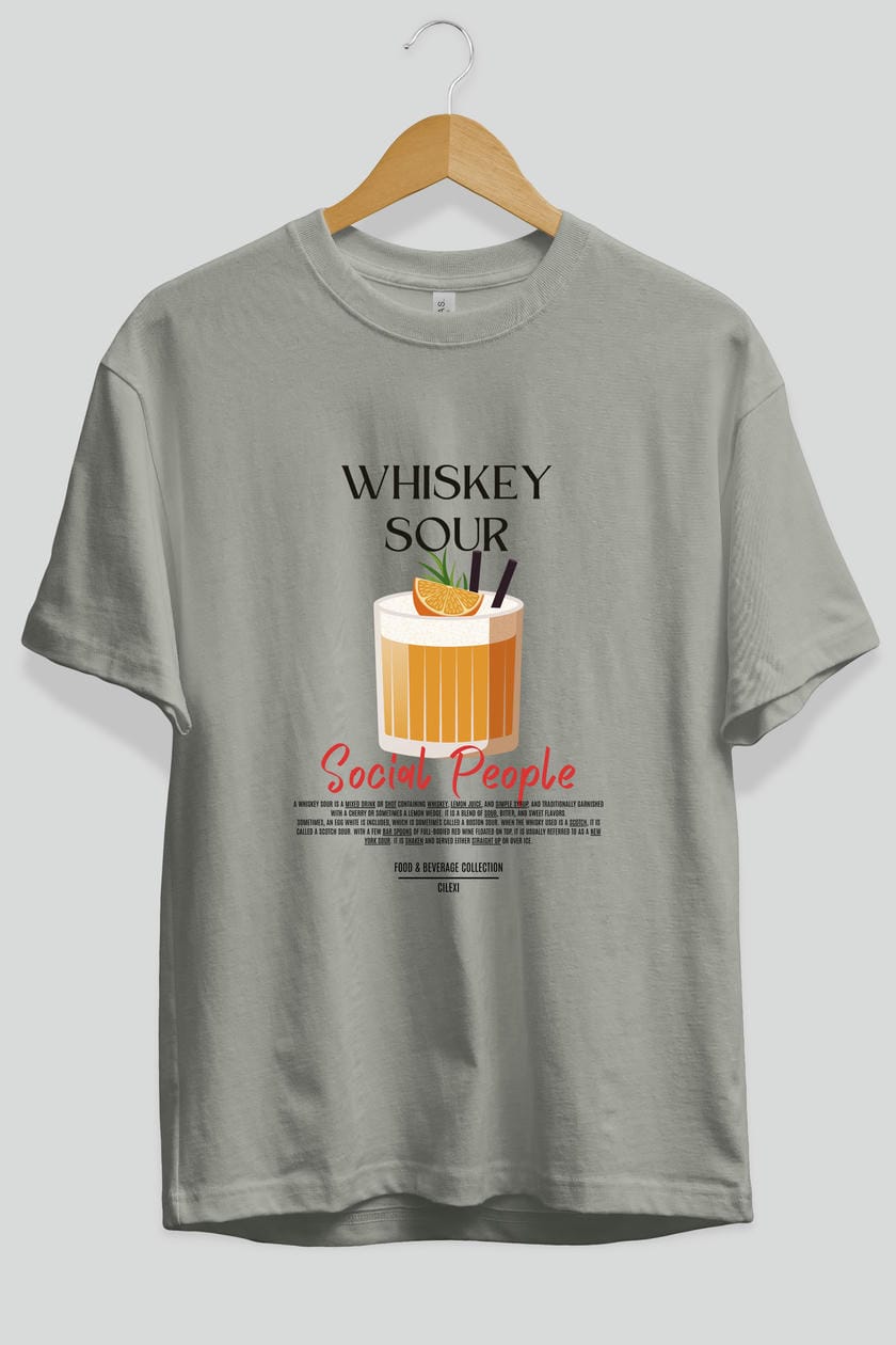 Whıskey Sour Kokteyl Serisi ön Baskılı Oversize t-shirt Erkek Kadın %100 Pamuk Bisiklet Yaka tişort