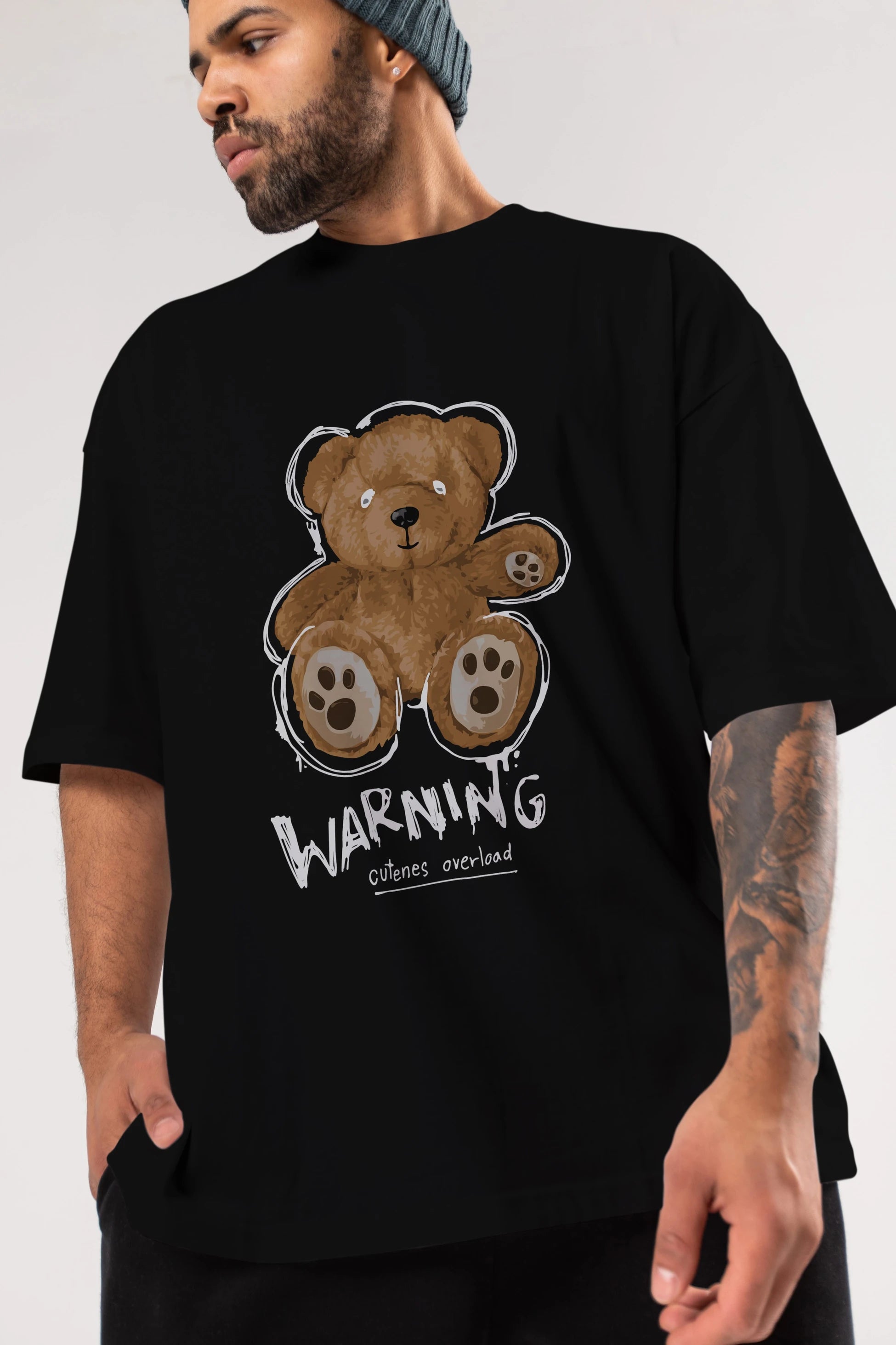 Warning Cuteness Bear Ön Baskılı Oversize t-shirt Erkek Kadın Unisex