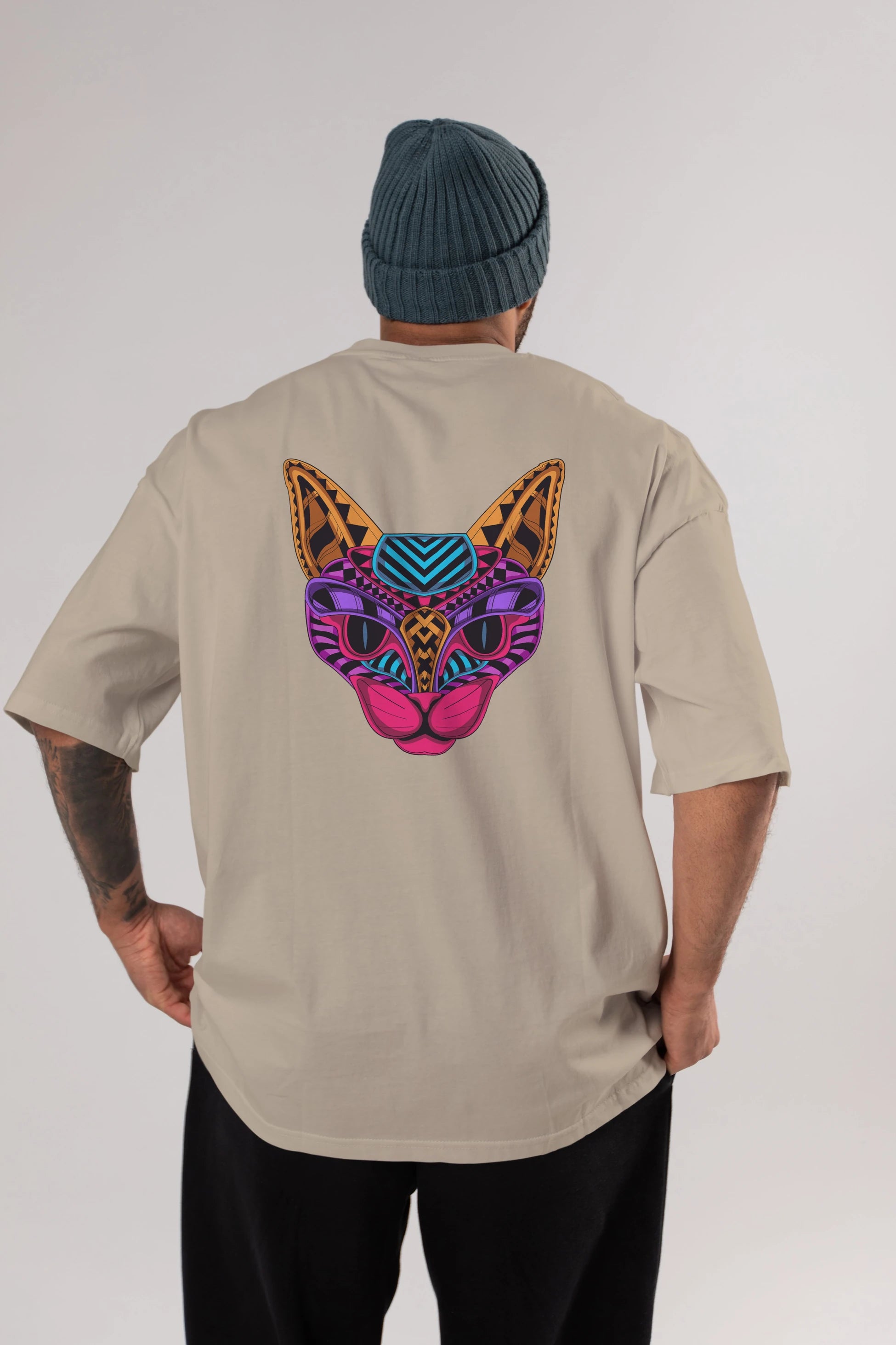 Black Neon Cat Arka Baskılı Oversize t-shirt Erkek Kadın Unisex