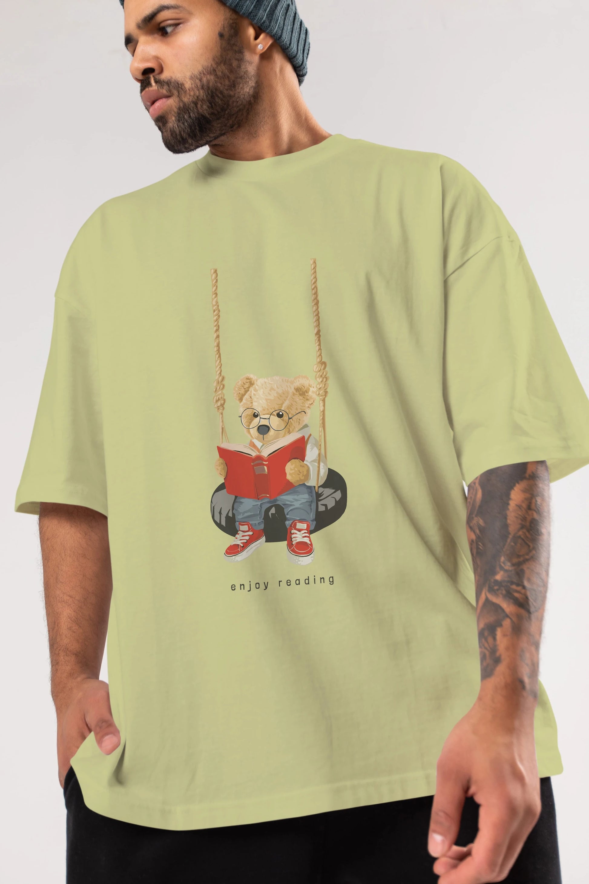 Teddy Bear Enjoy Reading Ön Baskılı Oversize t-shirt Erkek Kadın Unisex %100 Pamuk