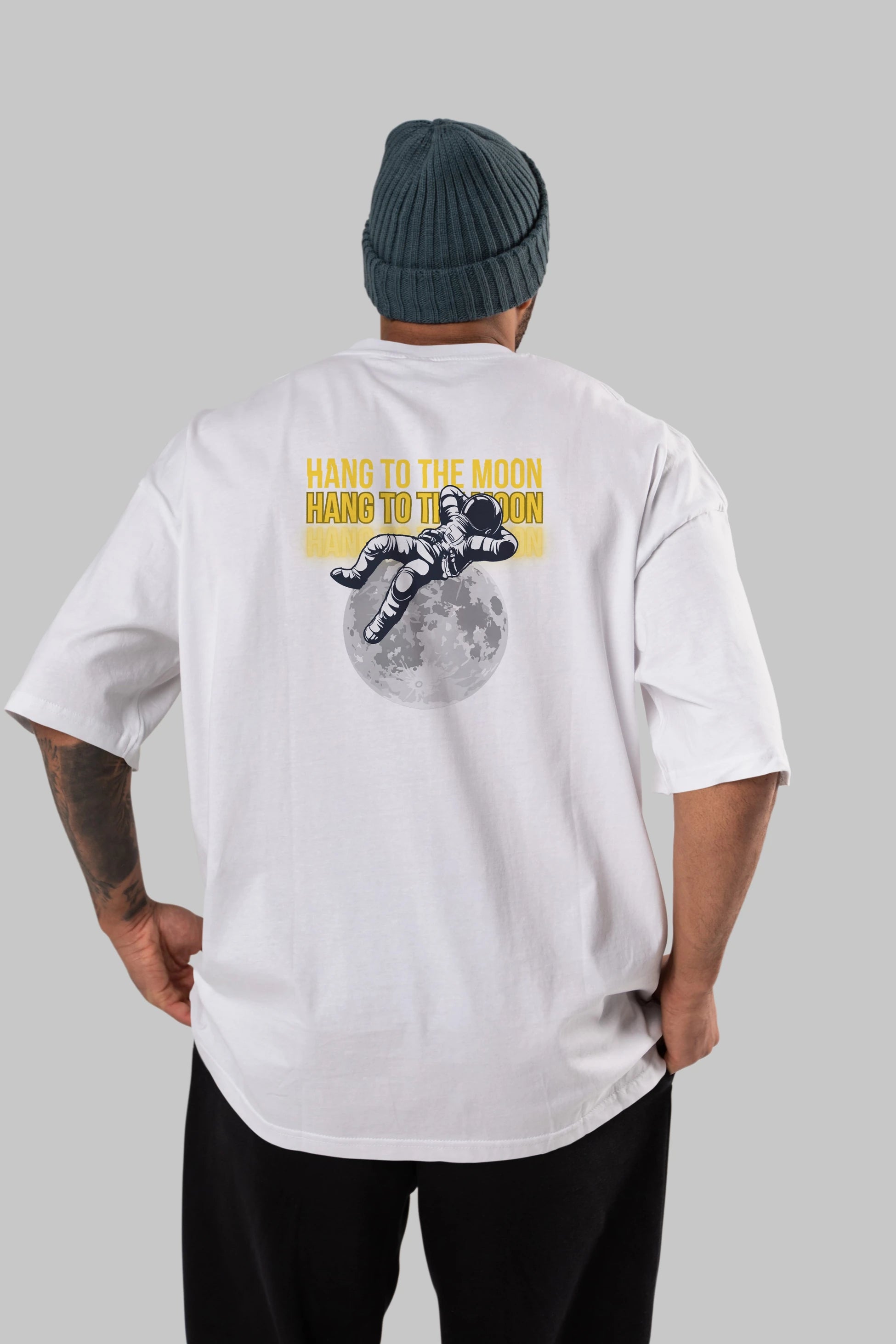 Hang to the Moon Yazılı Arka Baskılı Oversize t-shirt Erkek Kadın Unisex