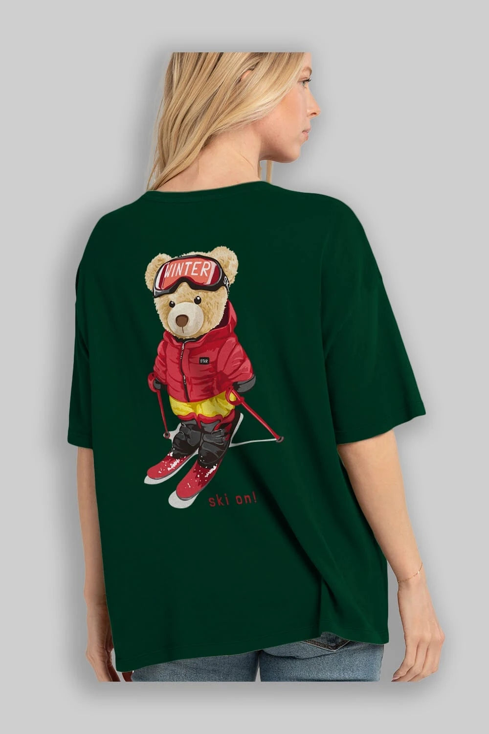 Teddy Bear Ski On Arka Baskılı Oversize t-shirt Erkek Kadın Unisex %100 Pamuk