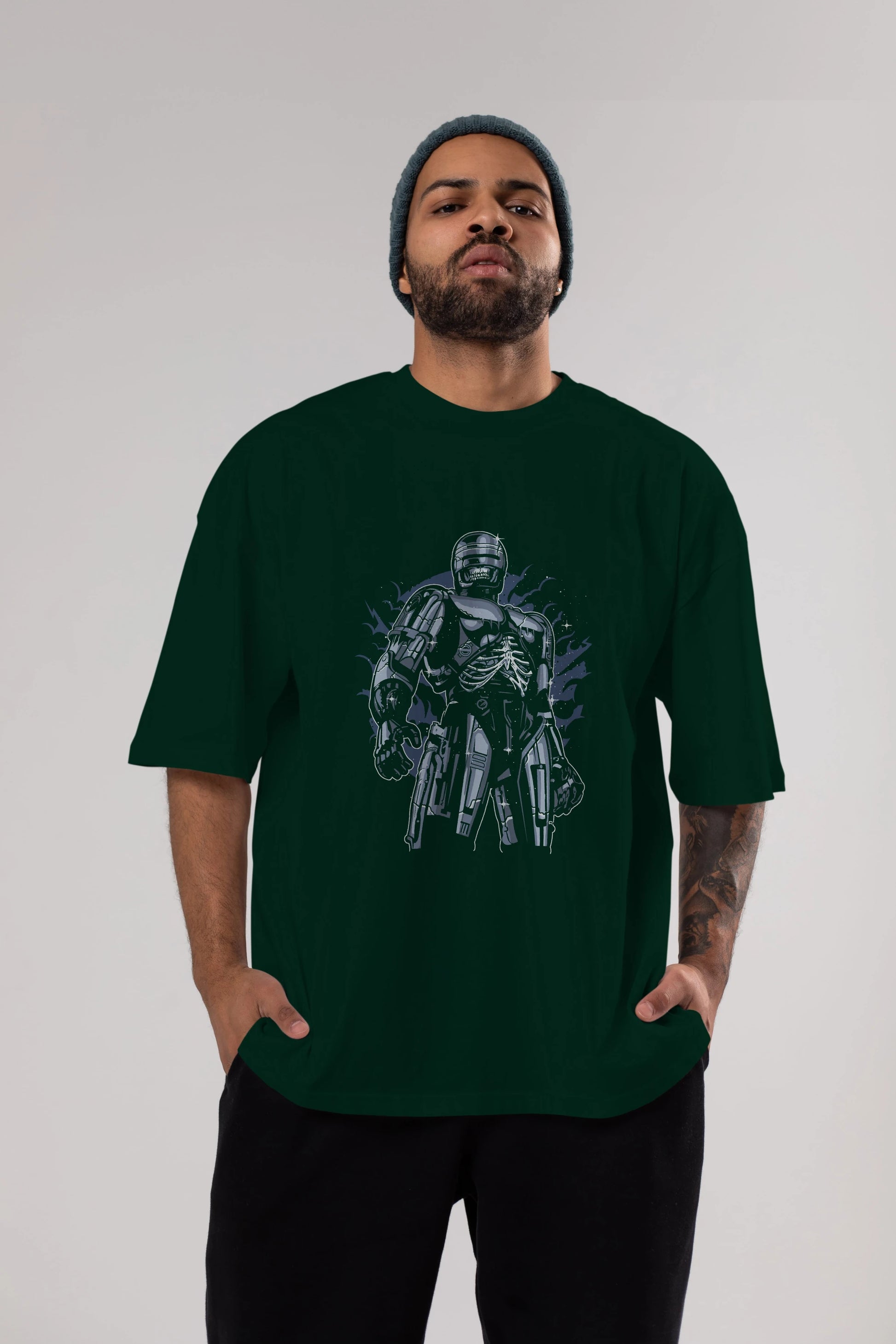 Roboskull Ön Baskılı Oversize t-shirt Erkek Kadın Unisex %100 Pamuk tişort