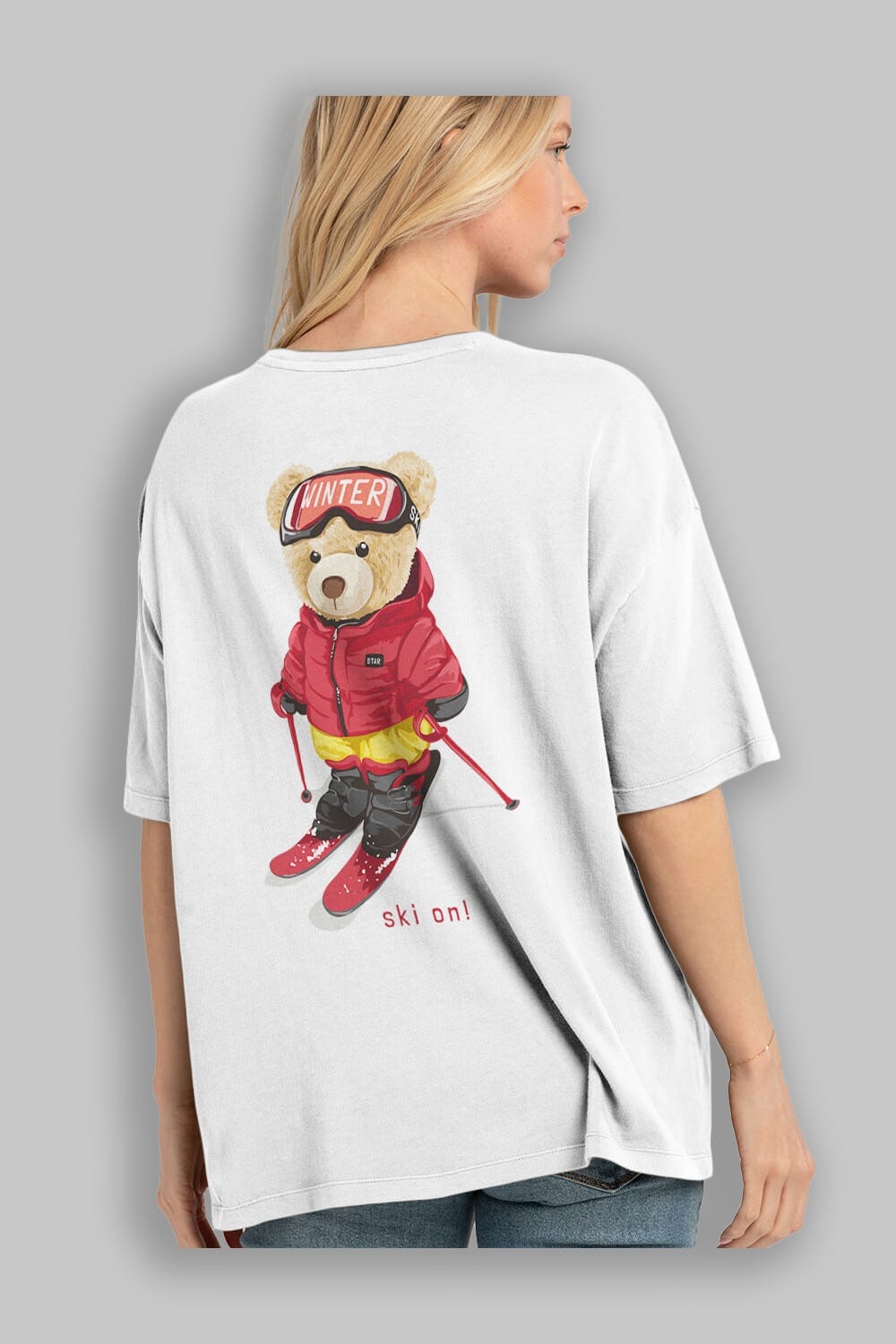 Teddy Bear Ski On Arka Baskılı Oversize t-shirt Erkek Kadın Unisex %100 Pamuk