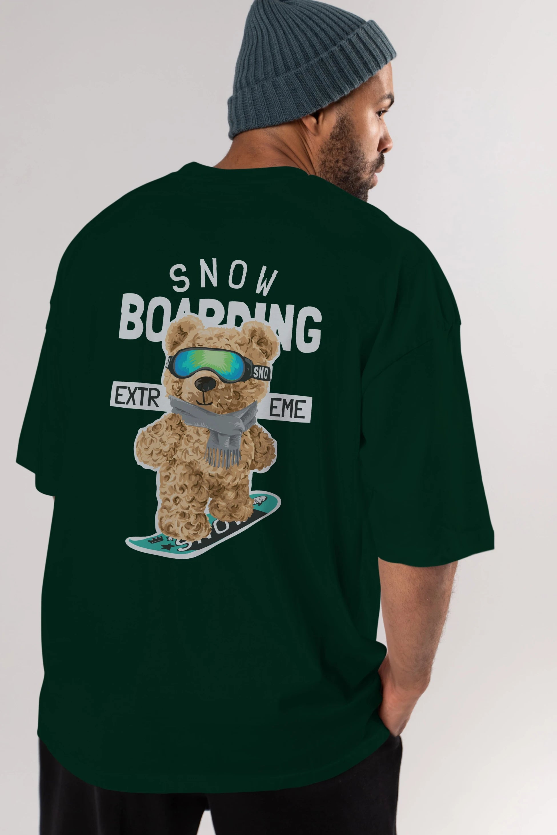 Teddy Bear Snow Boarding Arka Baskılı Oversize t-shirt Erkek Kadın Unisex %100 Pamuk