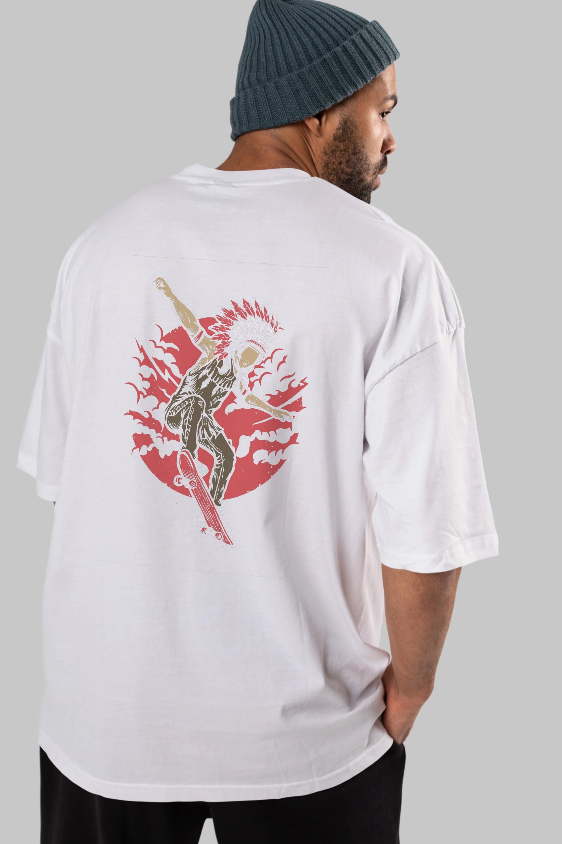Indian Chief Skateboard Arka Baskılı Oversize t-shirt Erkek Kadın Unisex %100 Pamuk