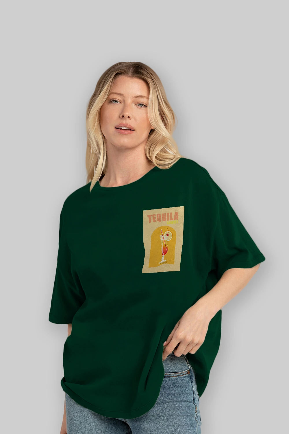 Tequila Sunrise Ön Sol Baskılı Oversize t-shirt Erkek Kadın Unisex %100 Pamuk Bisiklet Yaka tişort