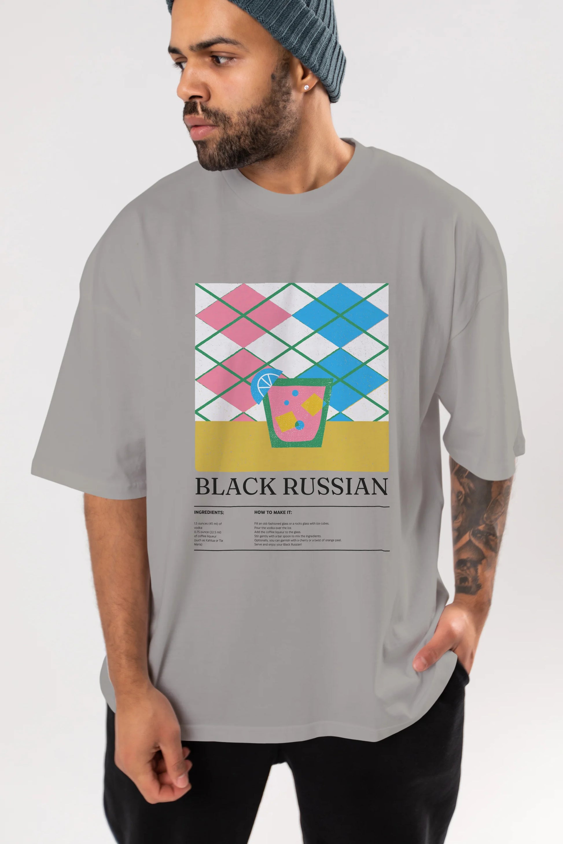 Black Russian Kokteyl Ön Baskılı Oversize t-shirt Erkek Kadın %100 Pamuk Bisiklet Yaka tişort