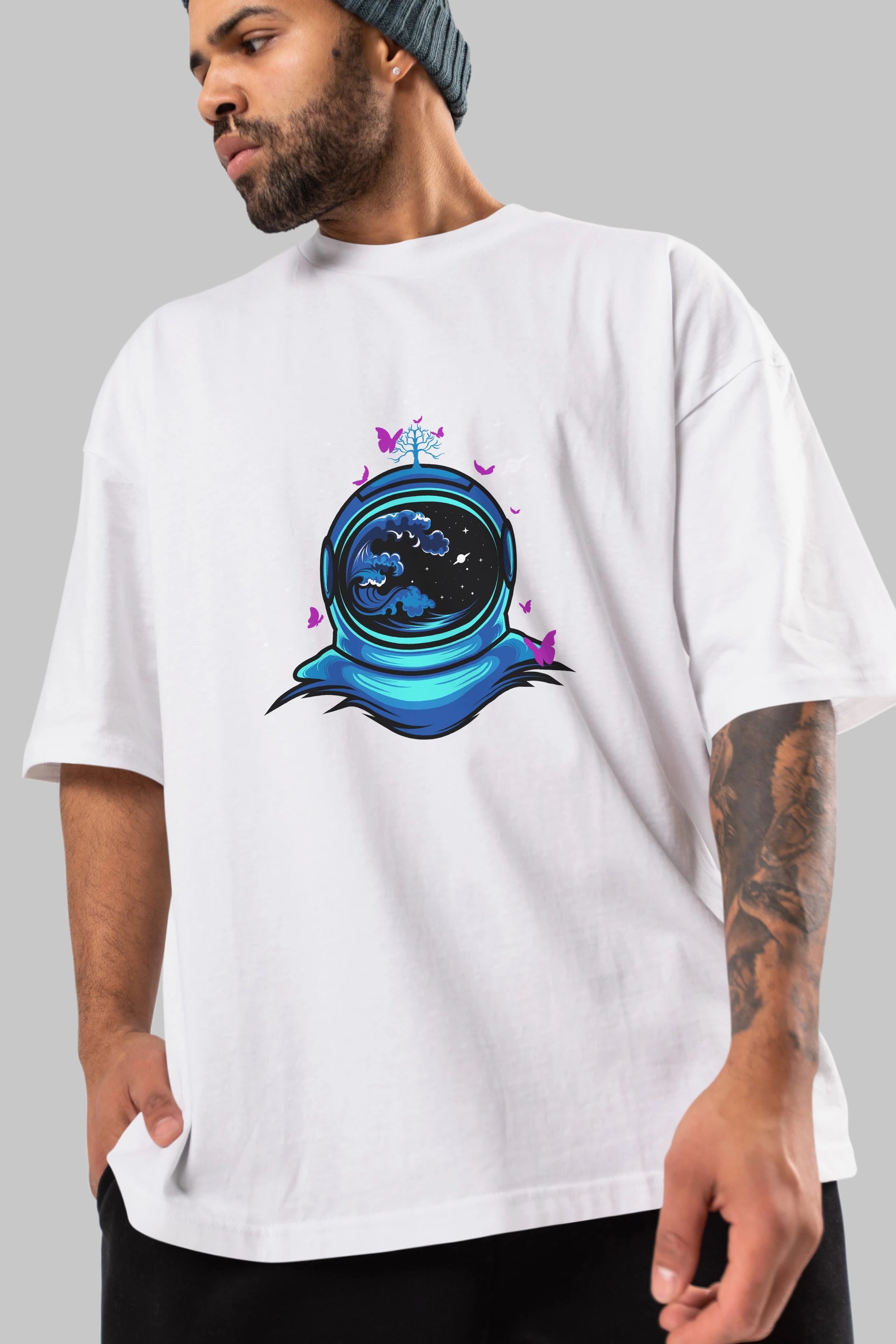 Astronaut and Butterfly Ön Baskılı Oversize t-shirt Erkek Kadın Unisex