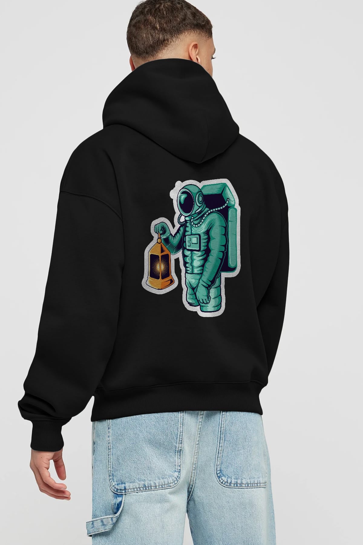 Astronaut Lantern Sticker Arka Baskılı Hoodie Oversize Kapüşonlu Sweatshirt Erkek Kadın Unisex