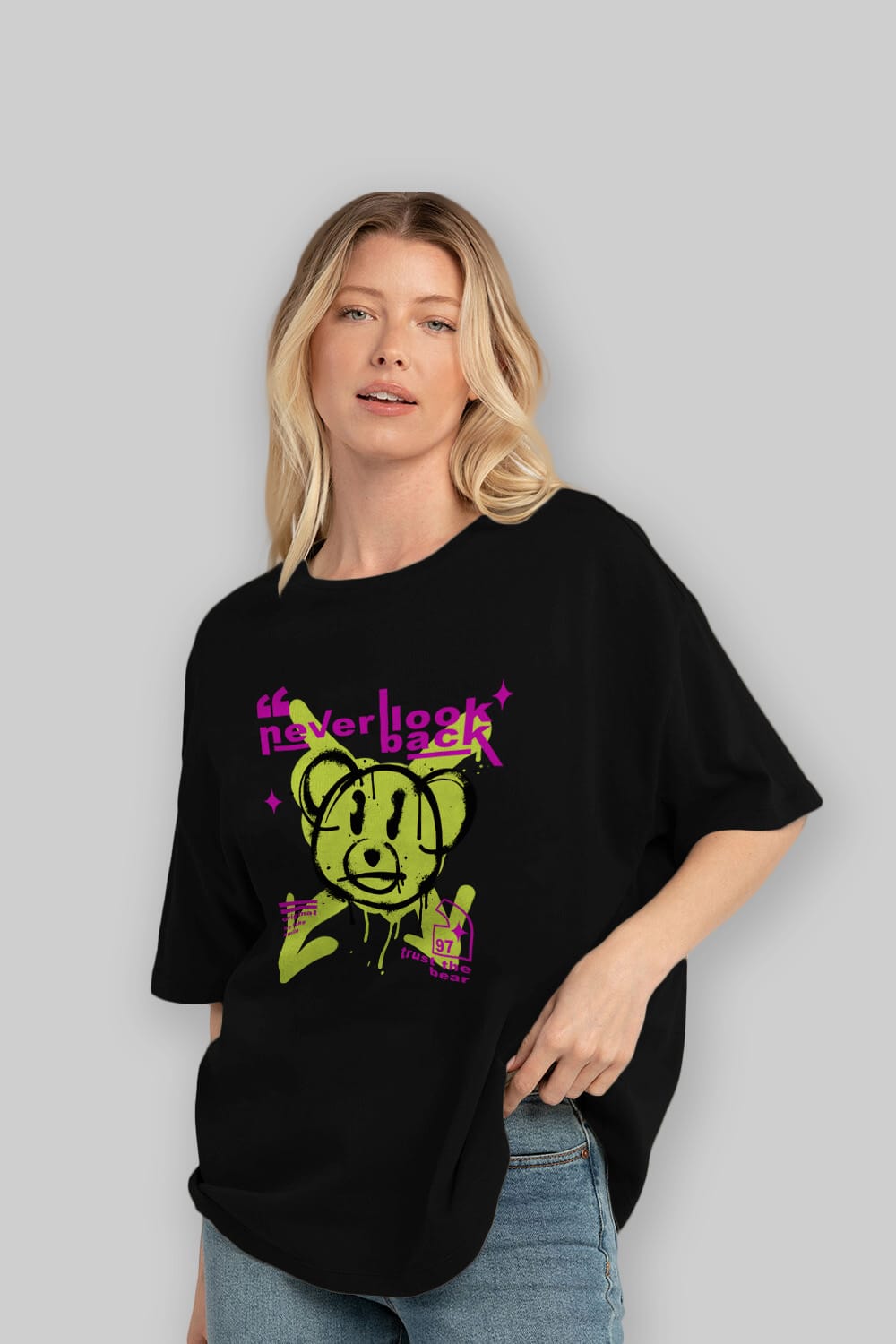 Never Look Back Bear Ön Baskılı Oversize t-shirt Erkek Kadın Unisex