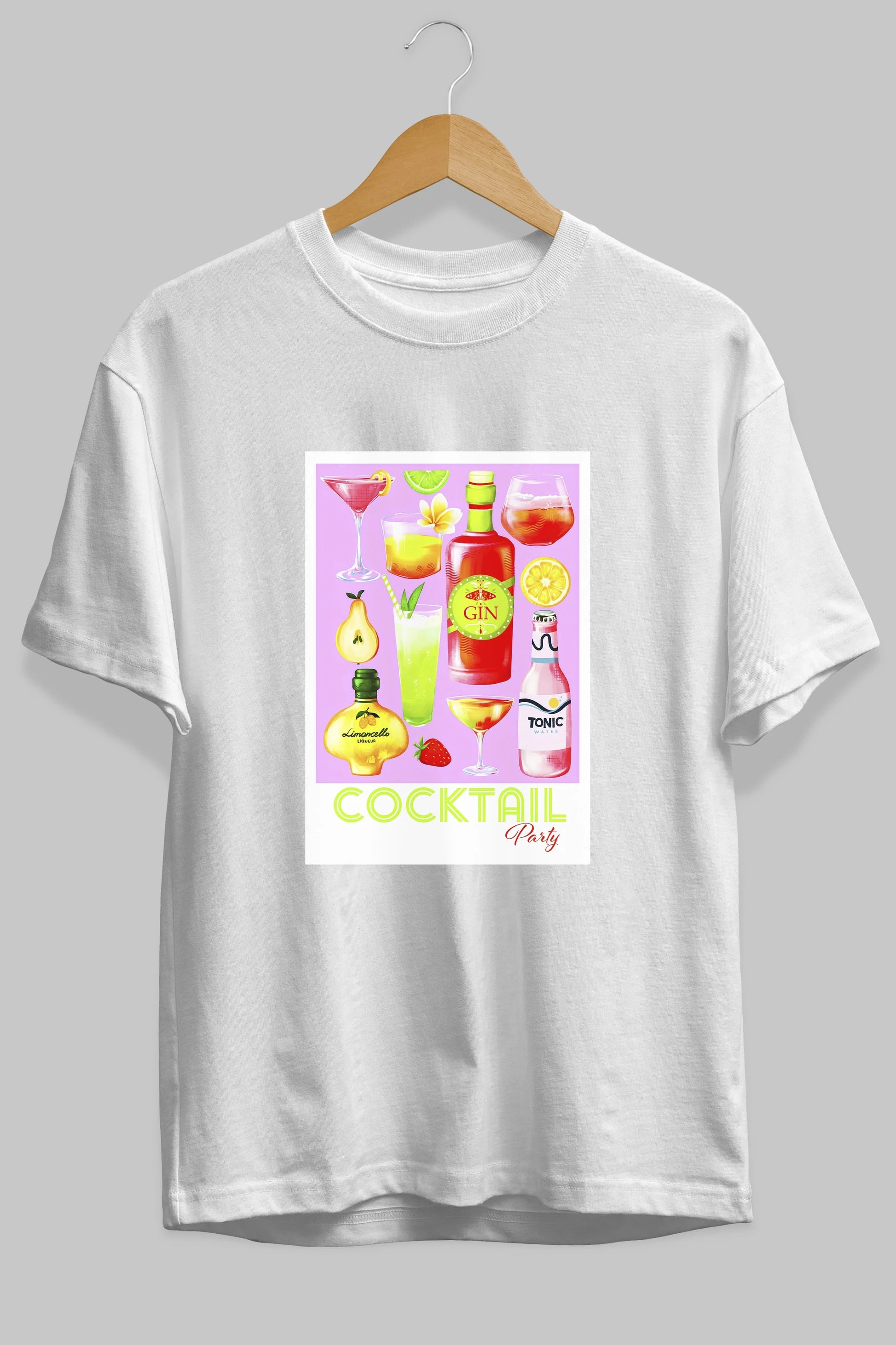 Cocktail Party Ön Baskılı Oversize t-shirt Erkek Kadın Unisex %100 Pamuk Bisiklet Yaka tişort