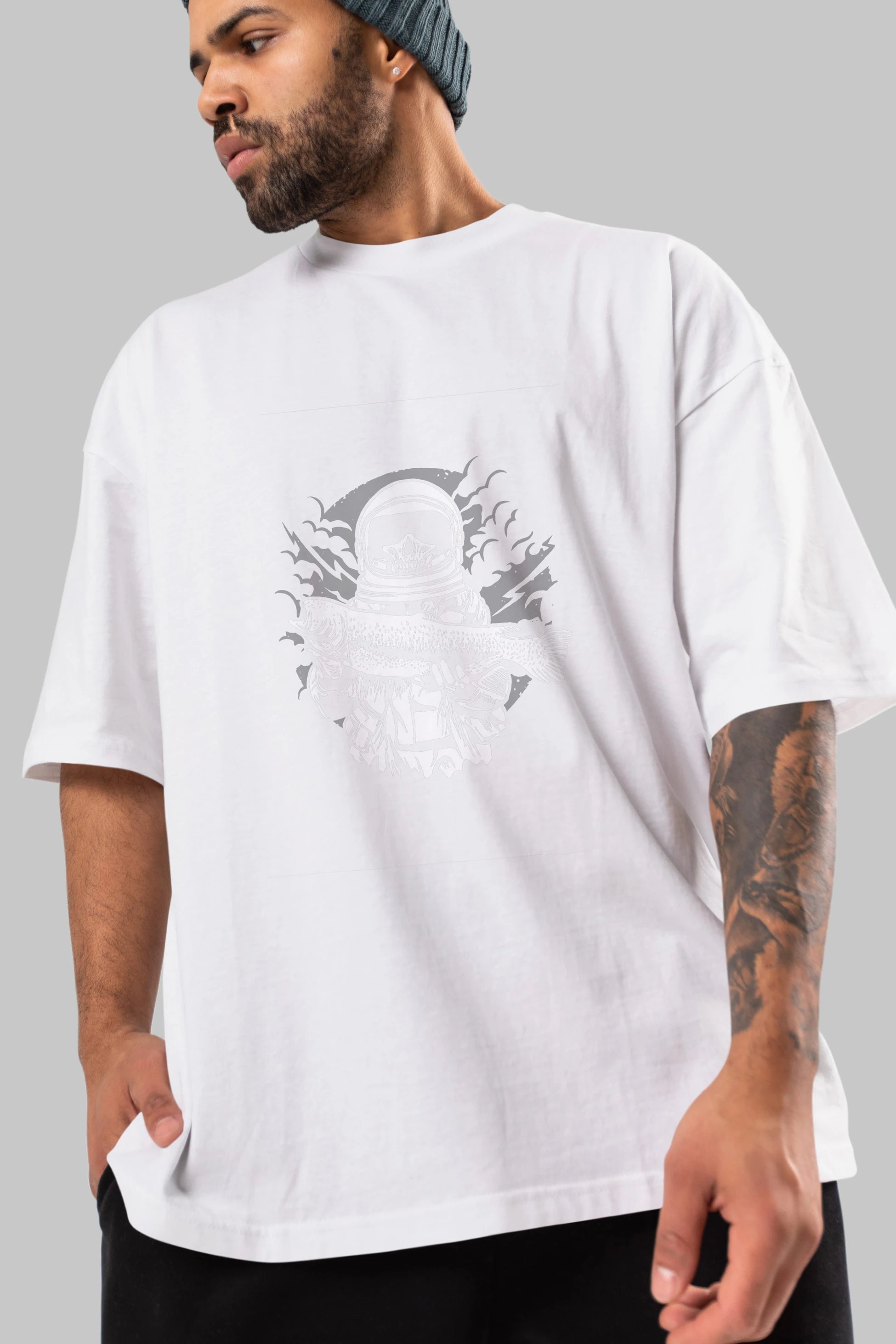 Astronaut Fishing Ön Baskılı Oversize t-shirt Erkek Kadın Unisex %100 Pamuk tişort