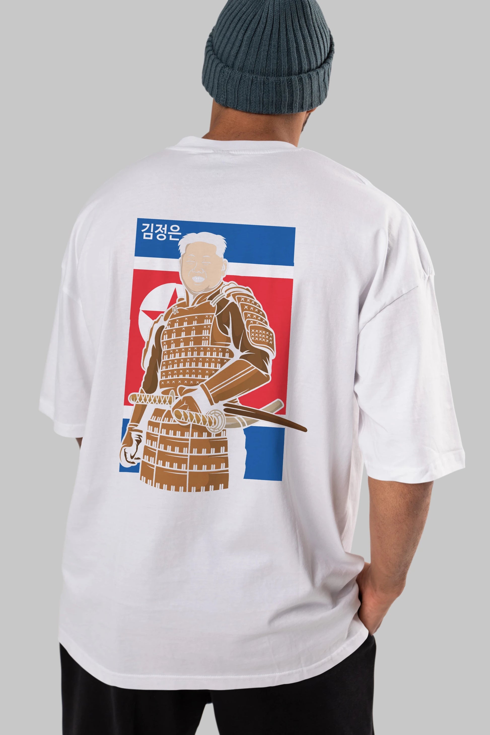 Samurai Jong Un Arka Baskılı Oversize t-shirt Erkek Kadın Unisex %100 Pamuk tişort