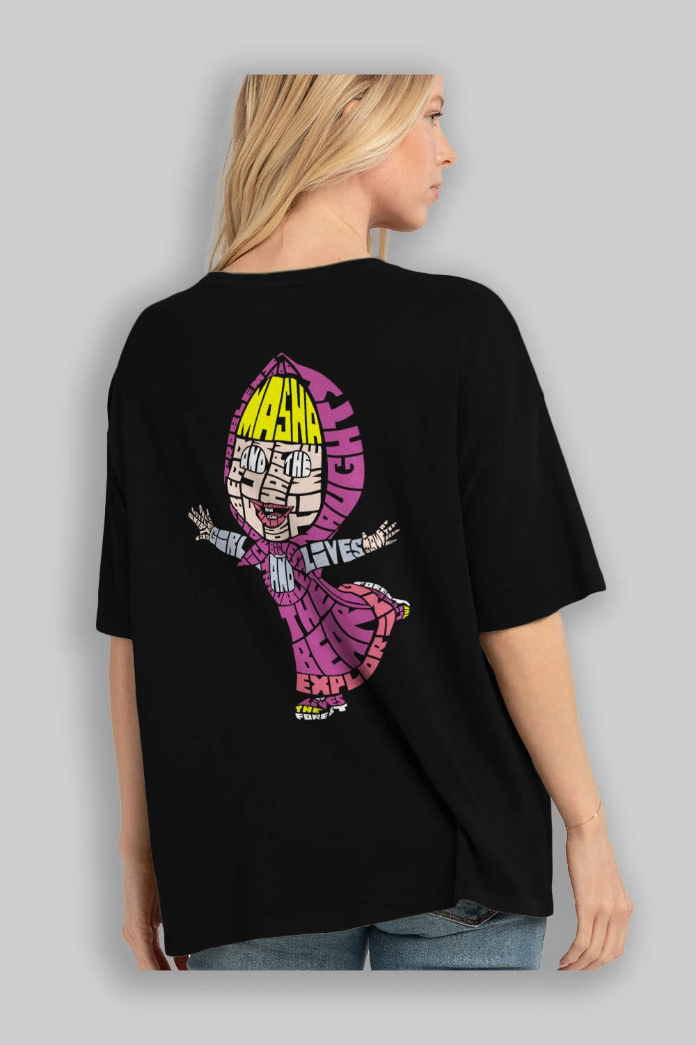 Masha And The Bear Arka Baskılı Oversize t-shirt %100 pamuk Erkek Kadın Unisex