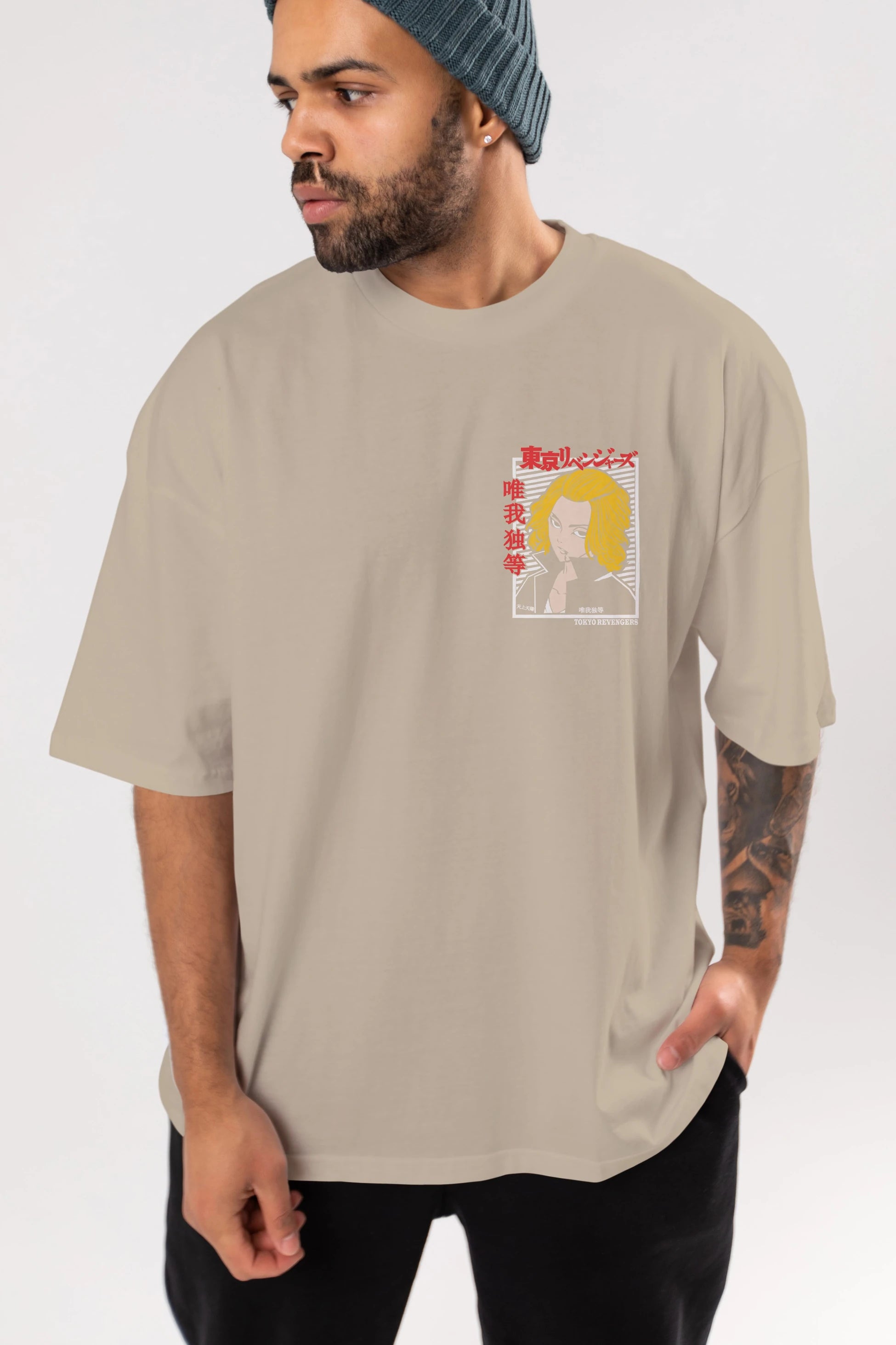 TokyoRev. M Ön Sol Baskılı Oversize t-shirt Erkek Kadın Unisex %100 Pamuk Bisiklet Yaka tişort