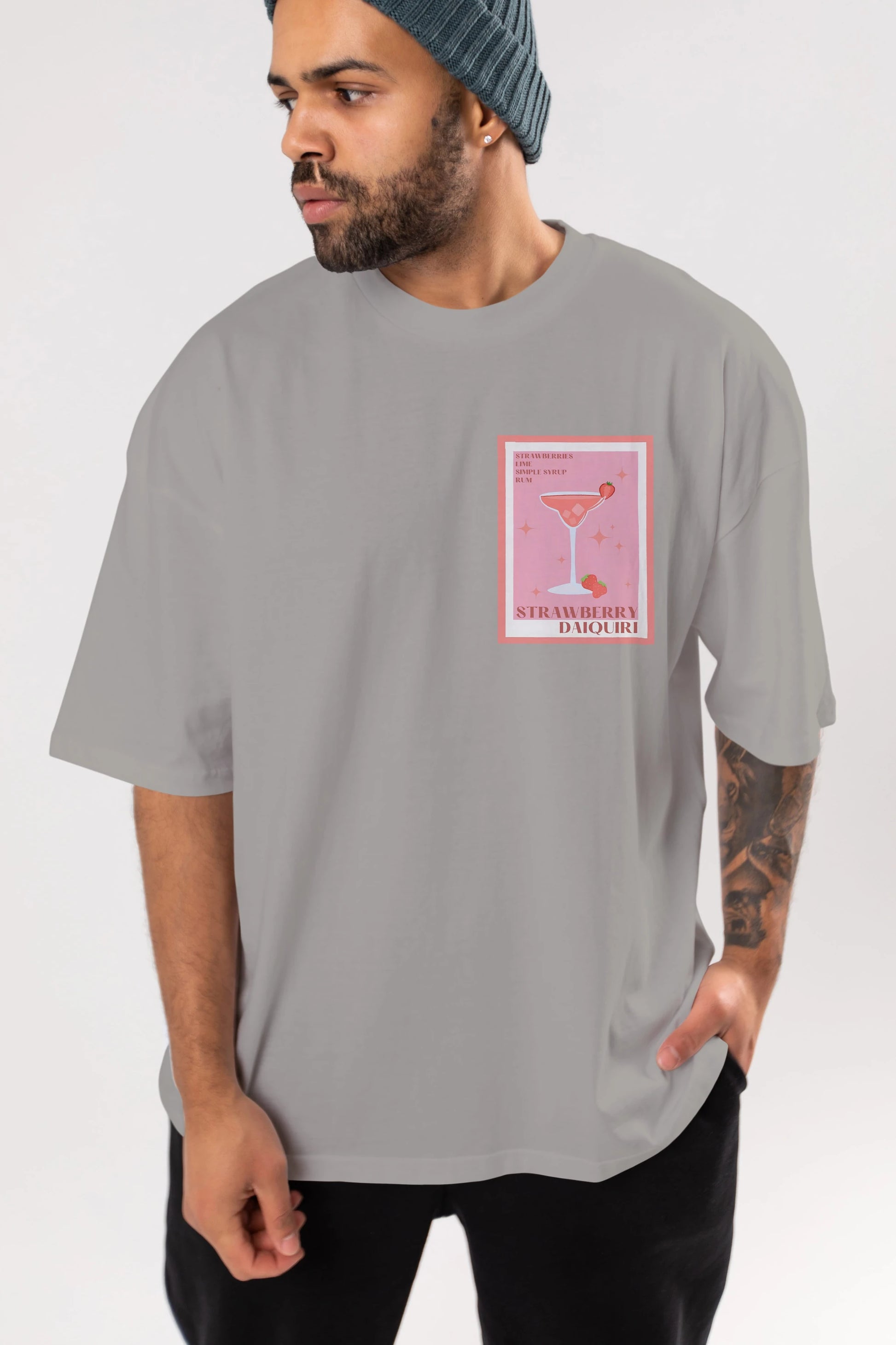 Strawberry Daiquiri Ön Sol Baskılı Oversize t-shirt Erkek Kadın Unisex %100 Pamuk Bisiklet Yaka tişort