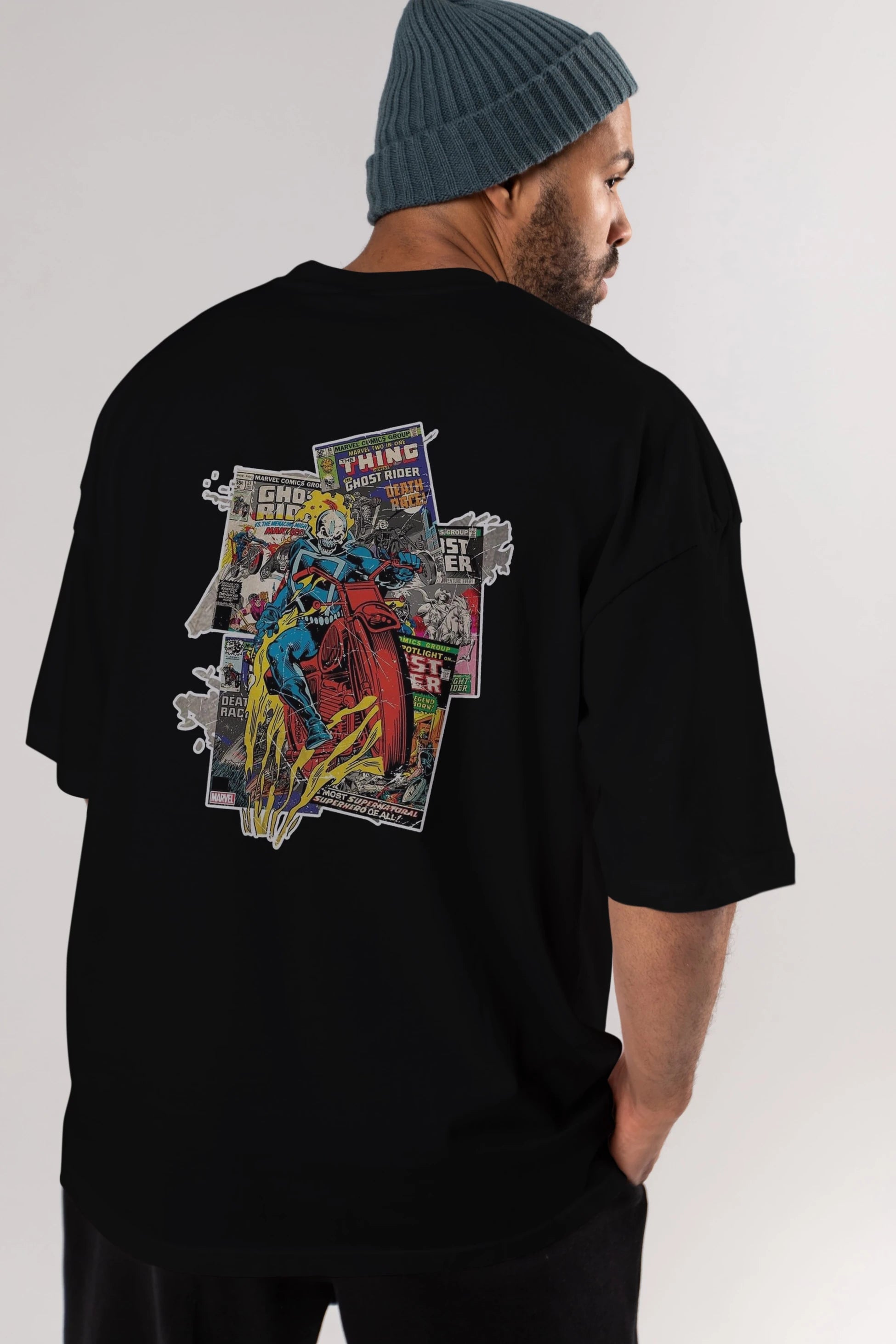 Ghost Rider Arka Baskılı Oversize t-shirt Erkek Kadın Unisex %100 Pamuk Bisiklet Yaka tişort