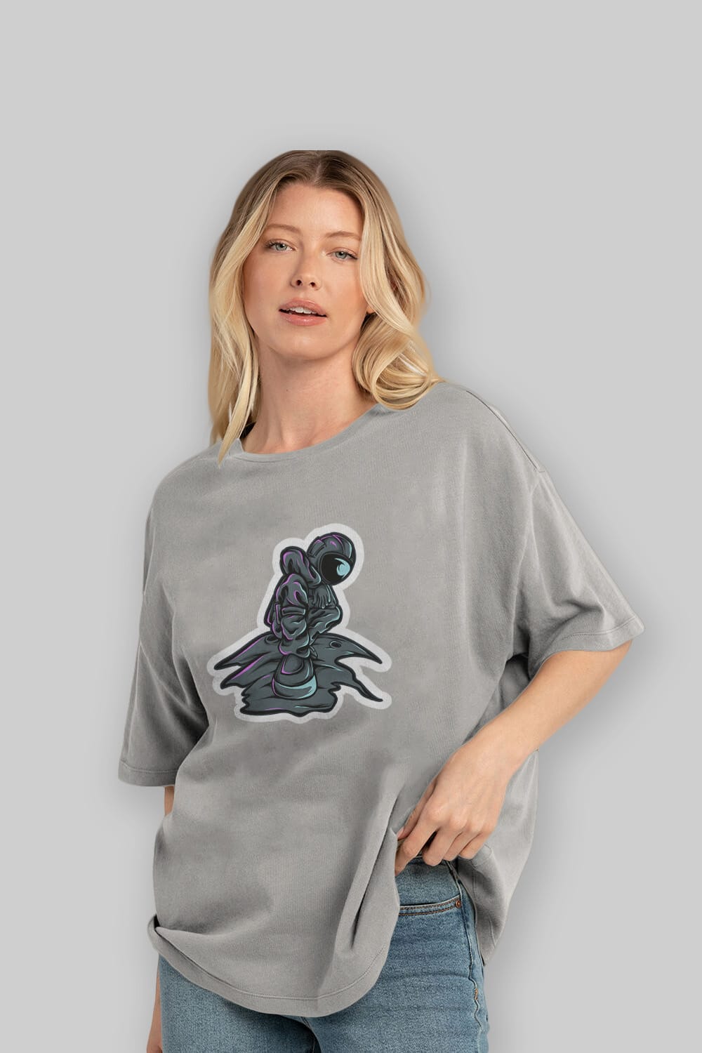 Stylish Astronaut Sticker Ön Baskılı Oversize t-shirt Erkek Kadın Unisex