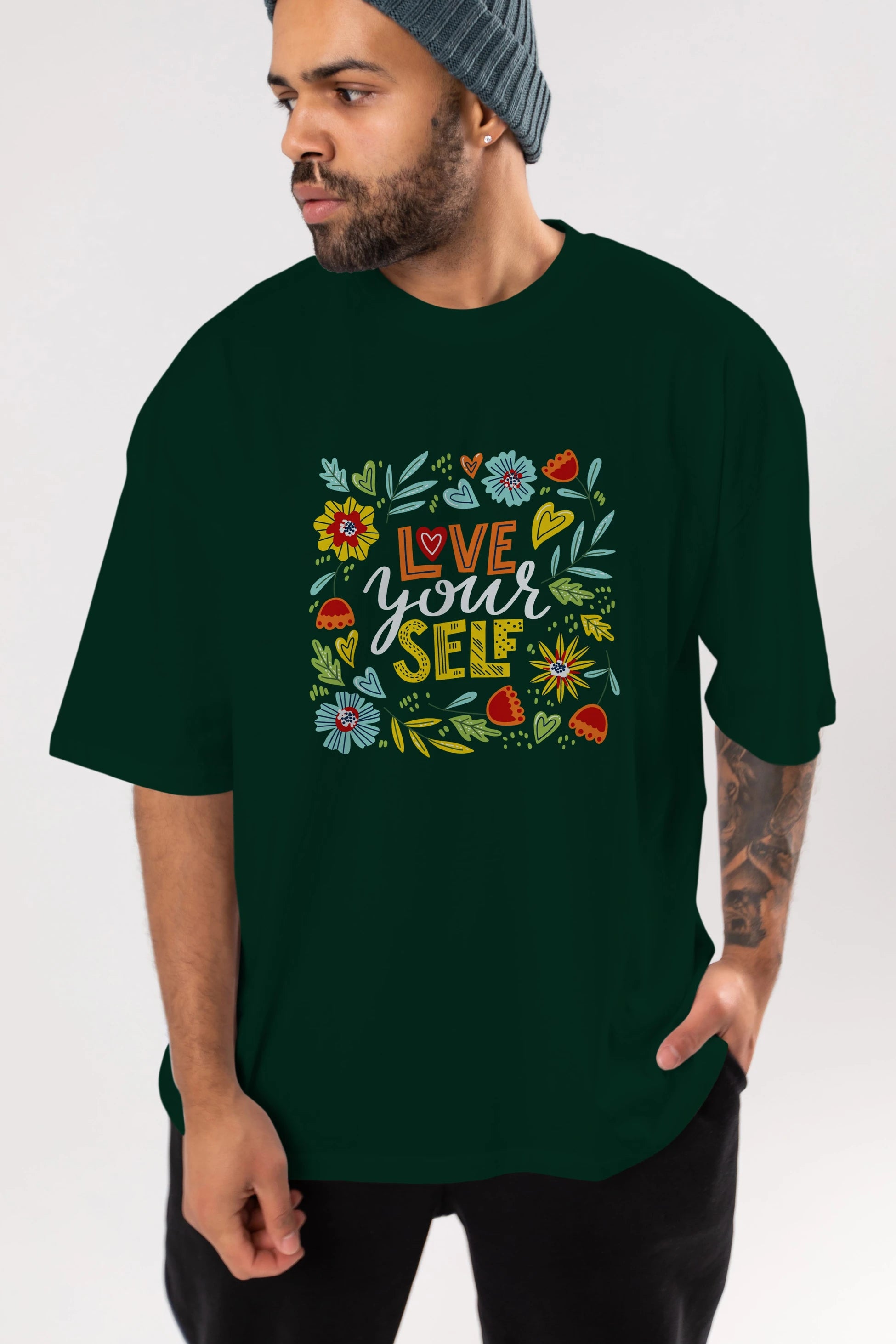 Love Yourself Yazılı Ön Baskılı Oversize t-shirt Erkek Kadın Unisex