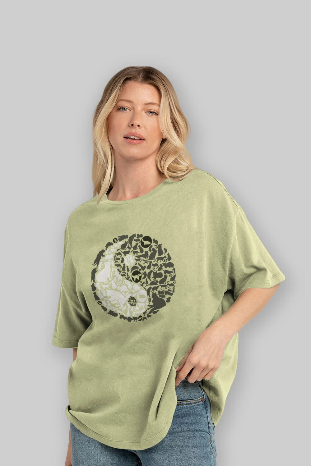 YinYang Cats Ön Baskılı Oversize t-shirt %100 pamuk Erkek Kadın Unisex