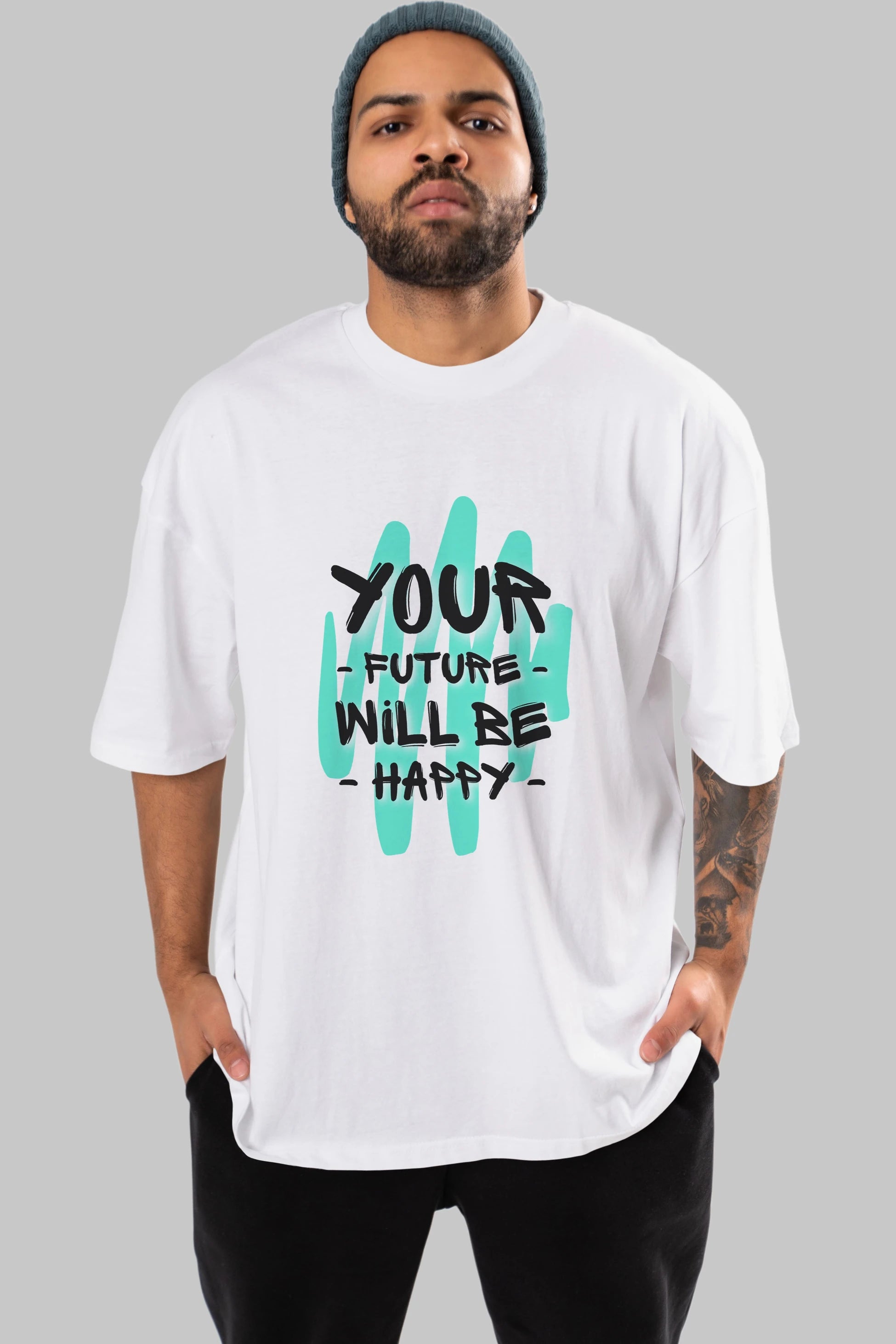 Your Future Will be Happy Yazılı Ön Baskılı Oversize t-shirt Erkek Kadın Unisex