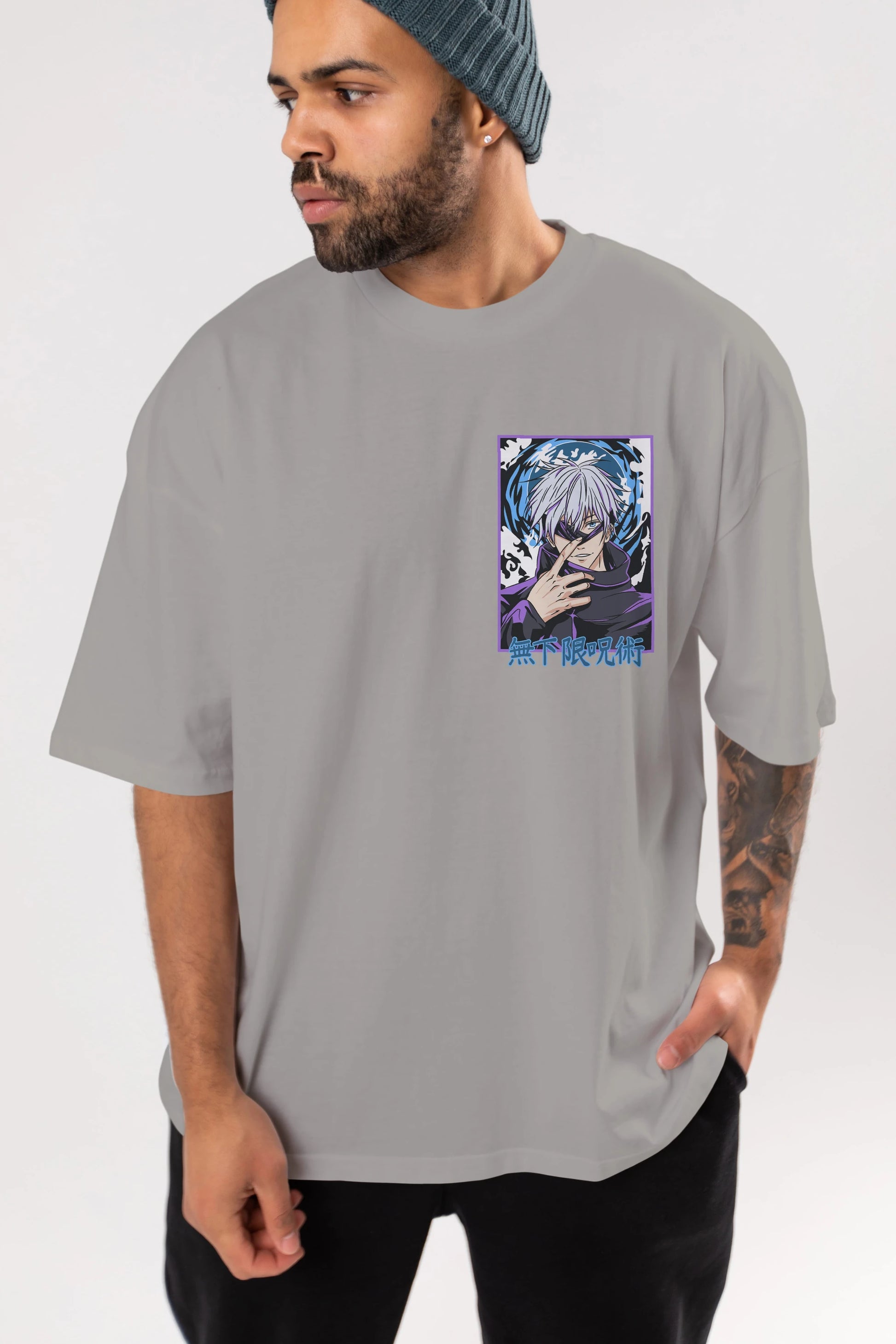 SATORU GOJO 3 Ön Sol Baskılı Oversize t-shirt Erkek Kadın Unisex %100 Pamuk Bisiklet Yaka tişort