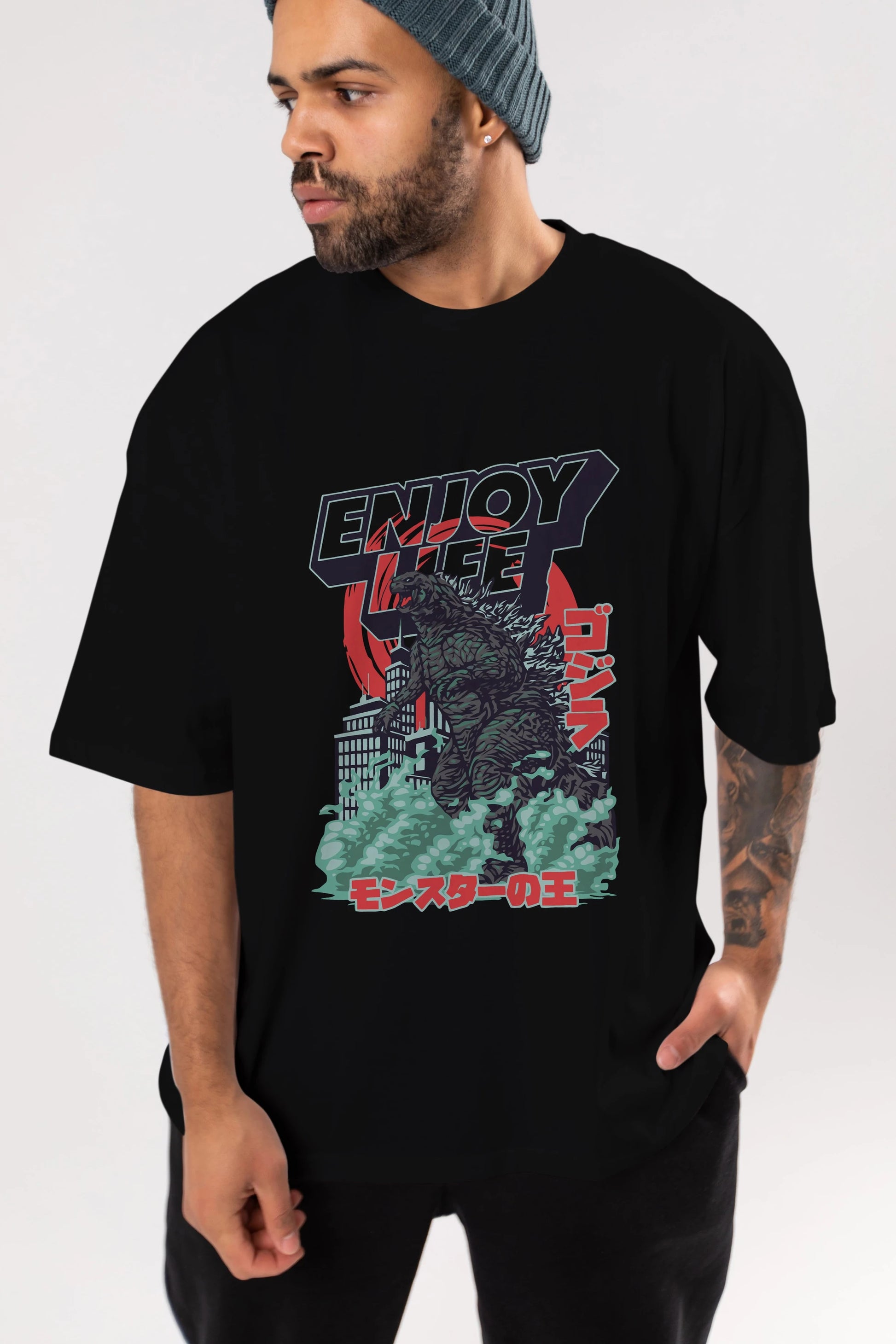 Godzilla Ön Baskılı Oversize t-shirt Erkek Kadın Unisex %100 Pamuk Bisiklet Yaka tişort