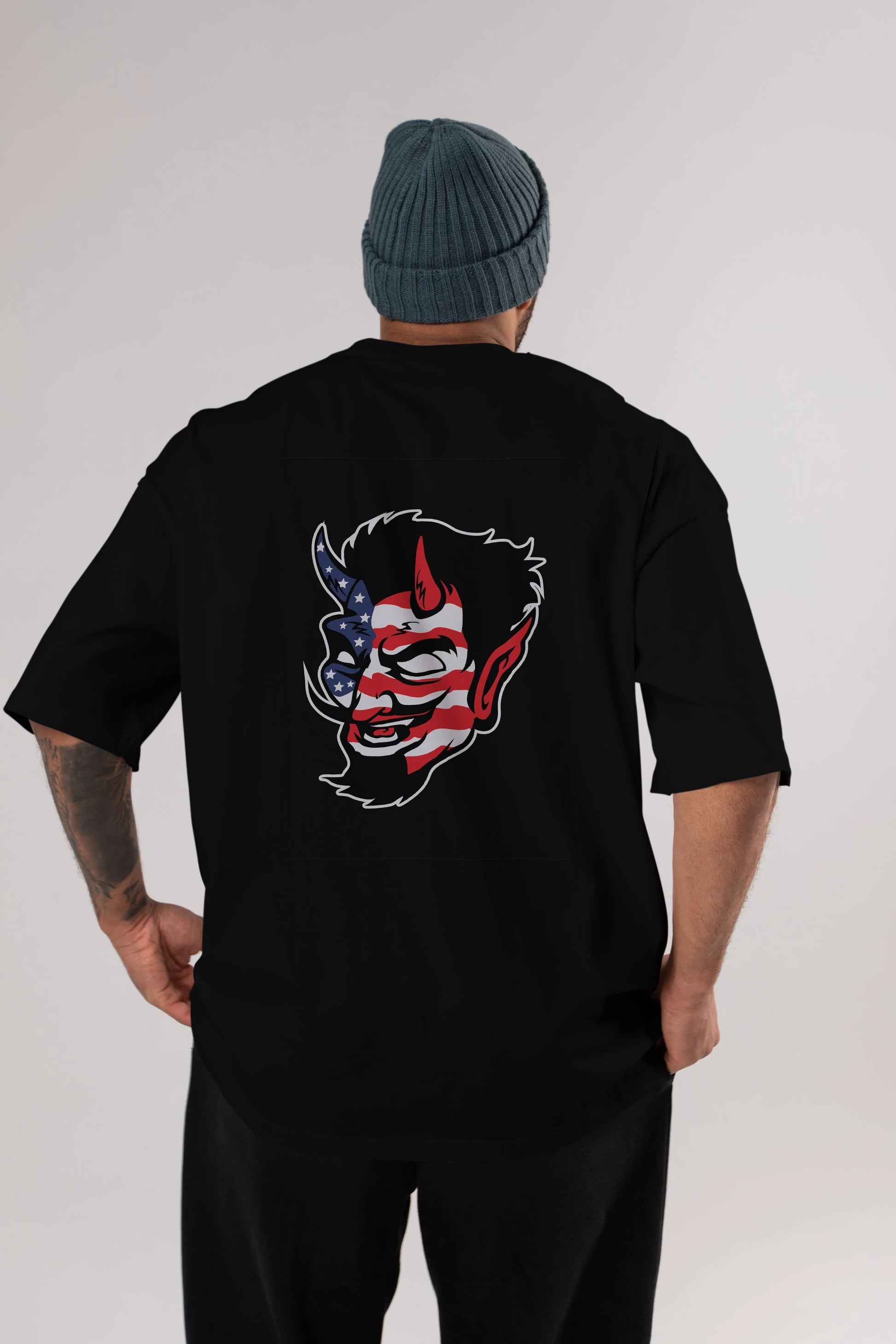 American Devil Arka Baskılı Oversize t-shirt Erkek Kadın Unisex %100 Pamuk tişort