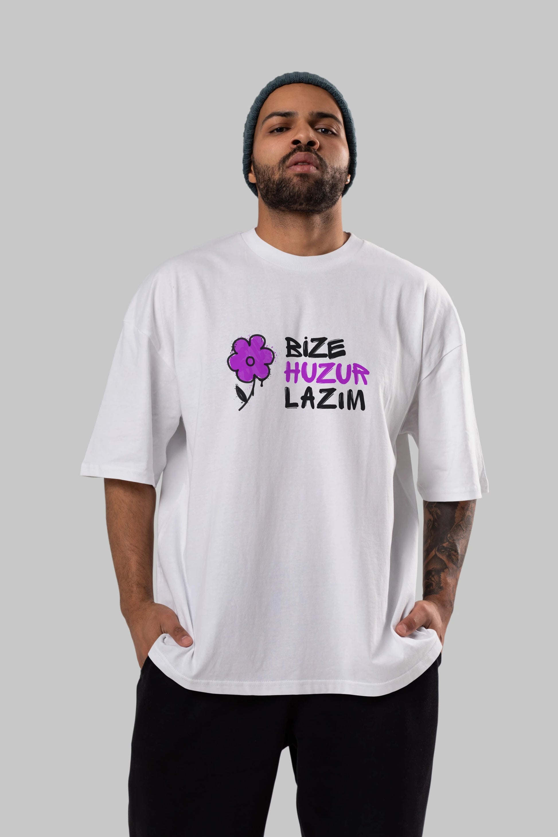 Bize Huzur Lazım Ön Baskılı Oversize t-shirt Erkek Kadın Unisex
