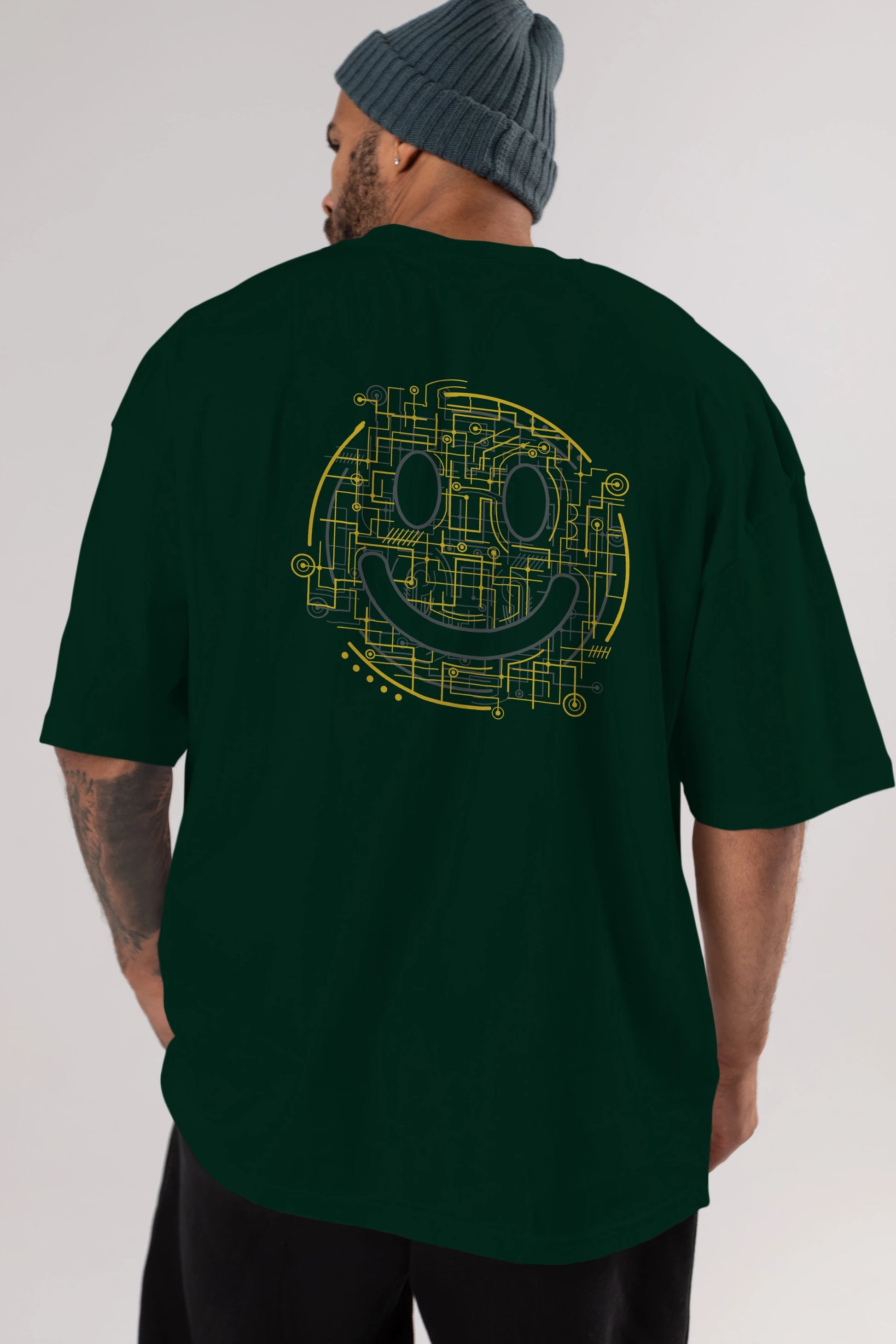 Electric Smiley Arka Baskılı Oversize t-shirt %100 pamuk Erkek Kadın Unisex