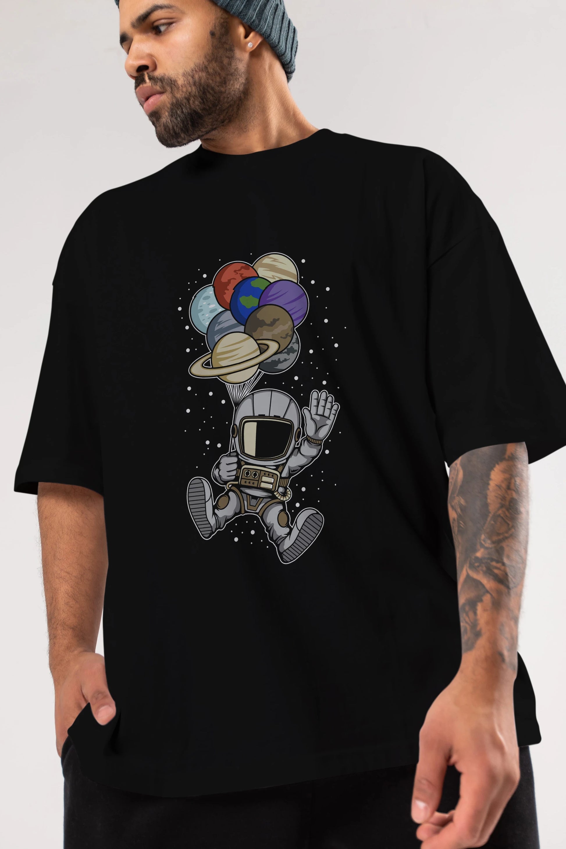 Astronaut Baloon Planets Ön Baskılı Oversize t-shirt Erkek Kadın Unisex