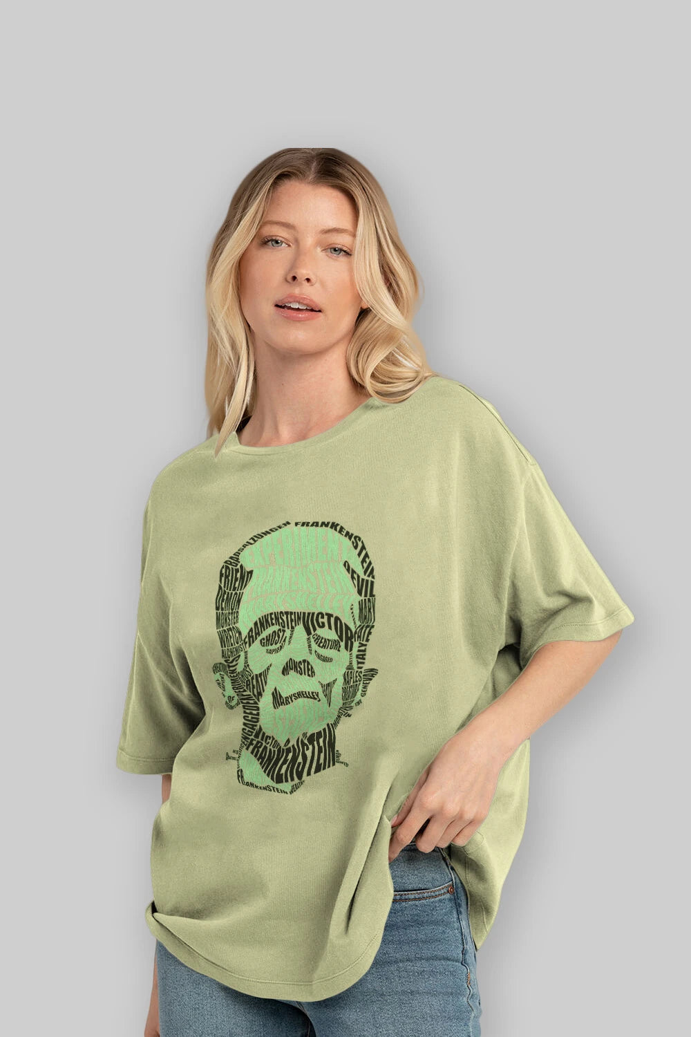 Frankenstein Calligram Ön Baskılı Oversize t-shirt %100 pamuk Erkek Kadın Unisex