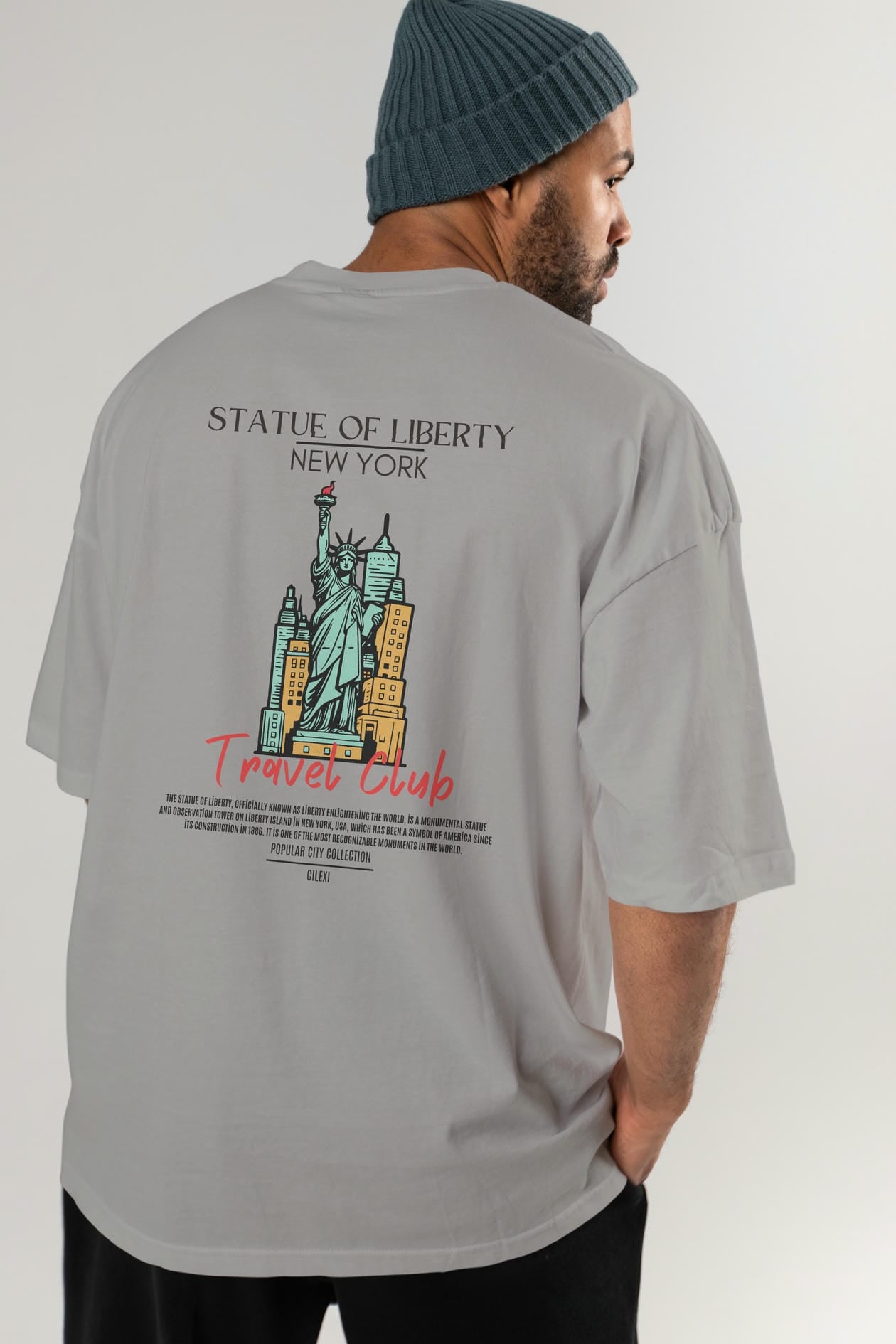 Statue Of Liberty New York Arka Baskılı Oversize t-shirt Erkek Kadın Pamuk Bisiklet Yaka tişort