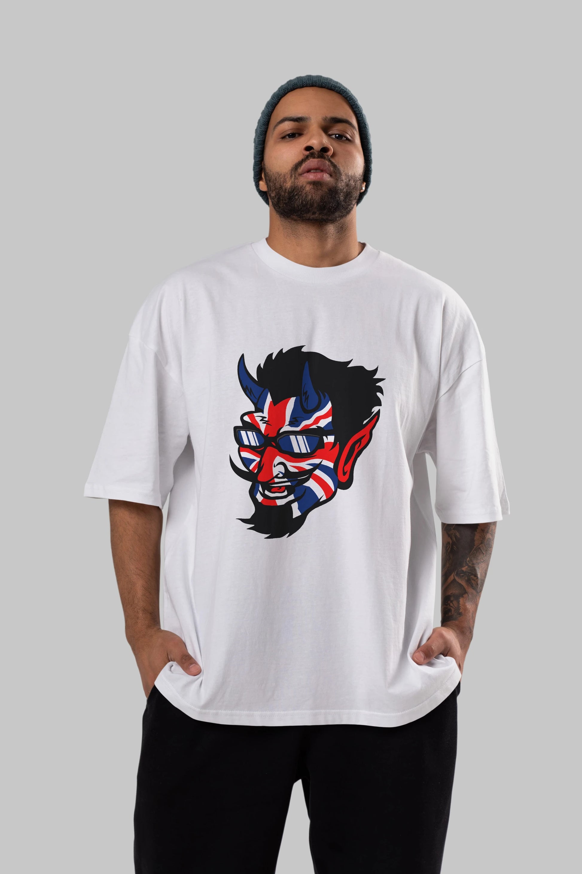 UK Devil Ön Baskılı Oversize t-shirt Erkek Kadın Unisex %100 Pamuk tişort