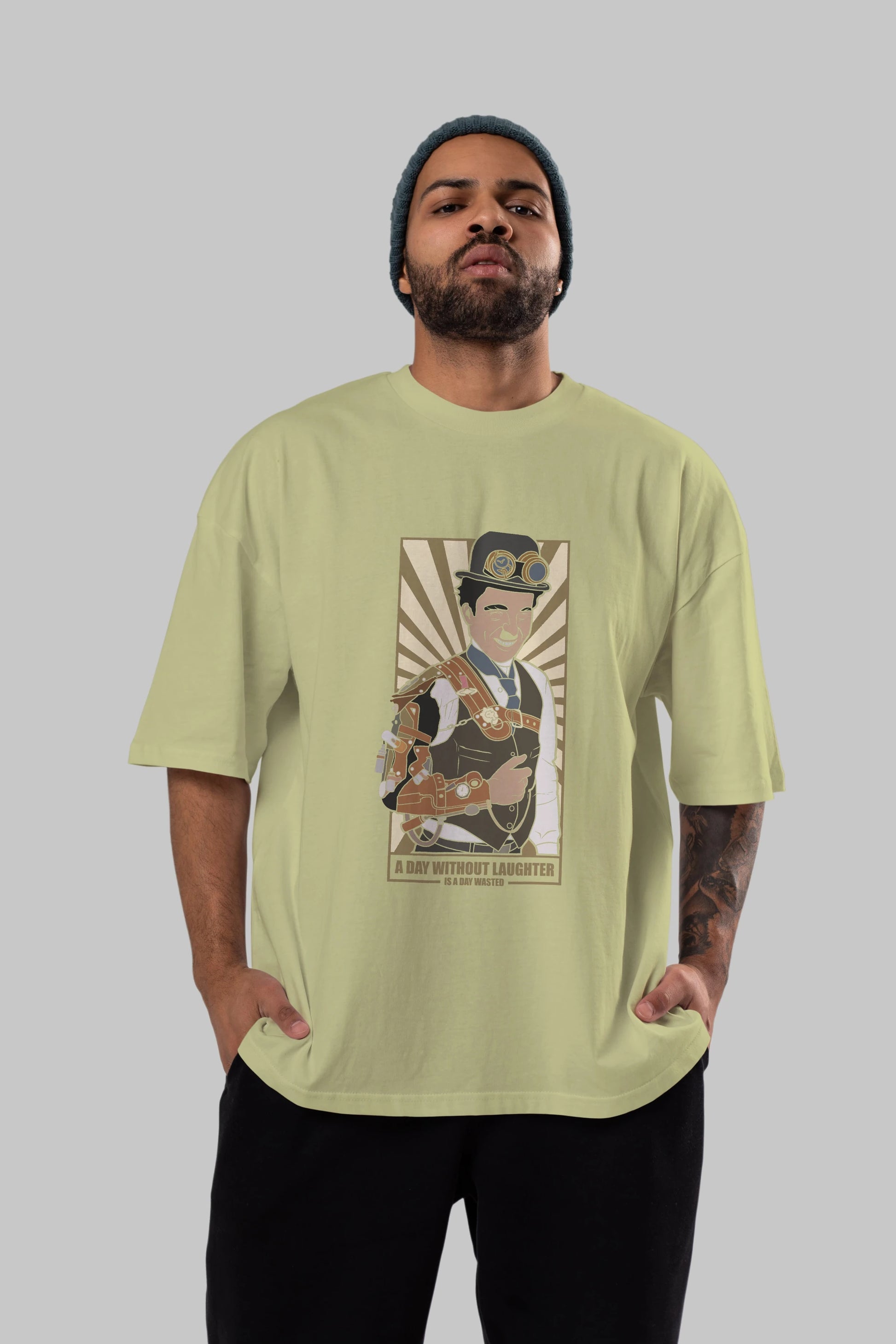 Steampunk Chaplin Ön Baskılı Oversize t-shirt Erkek Kadın Unisex %100 Pamuk tişort